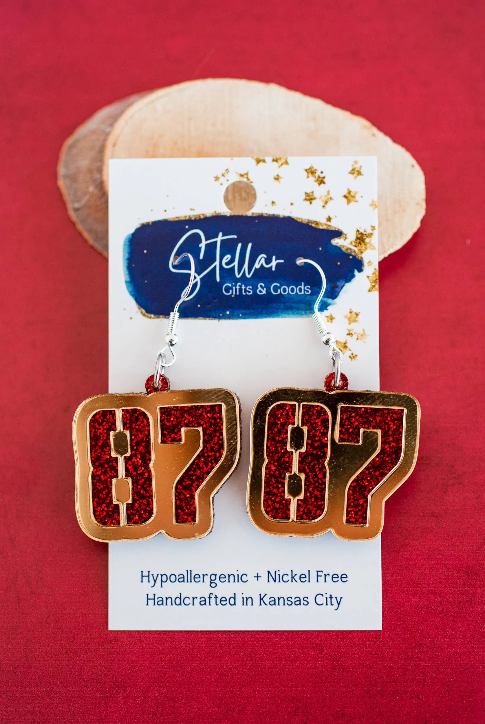 Shop Red Glitter &Gold Mirror 87 Dangles KC Chiefs Football Travis Kelce-Earrings at Ruby Joy Boutique, a Women's Clothing Store in Pickerington, Ohio