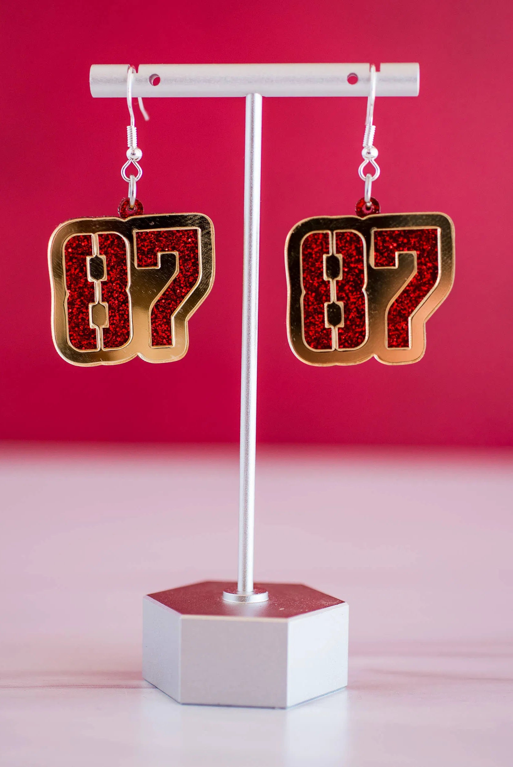 Shop Red Glitter &Gold Mirror 87 Dangles KC Chiefs Football Travis Kelce-Earrings at Ruby Joy Boutique, a Women's Clothing Store in Pickerington, Ohio
