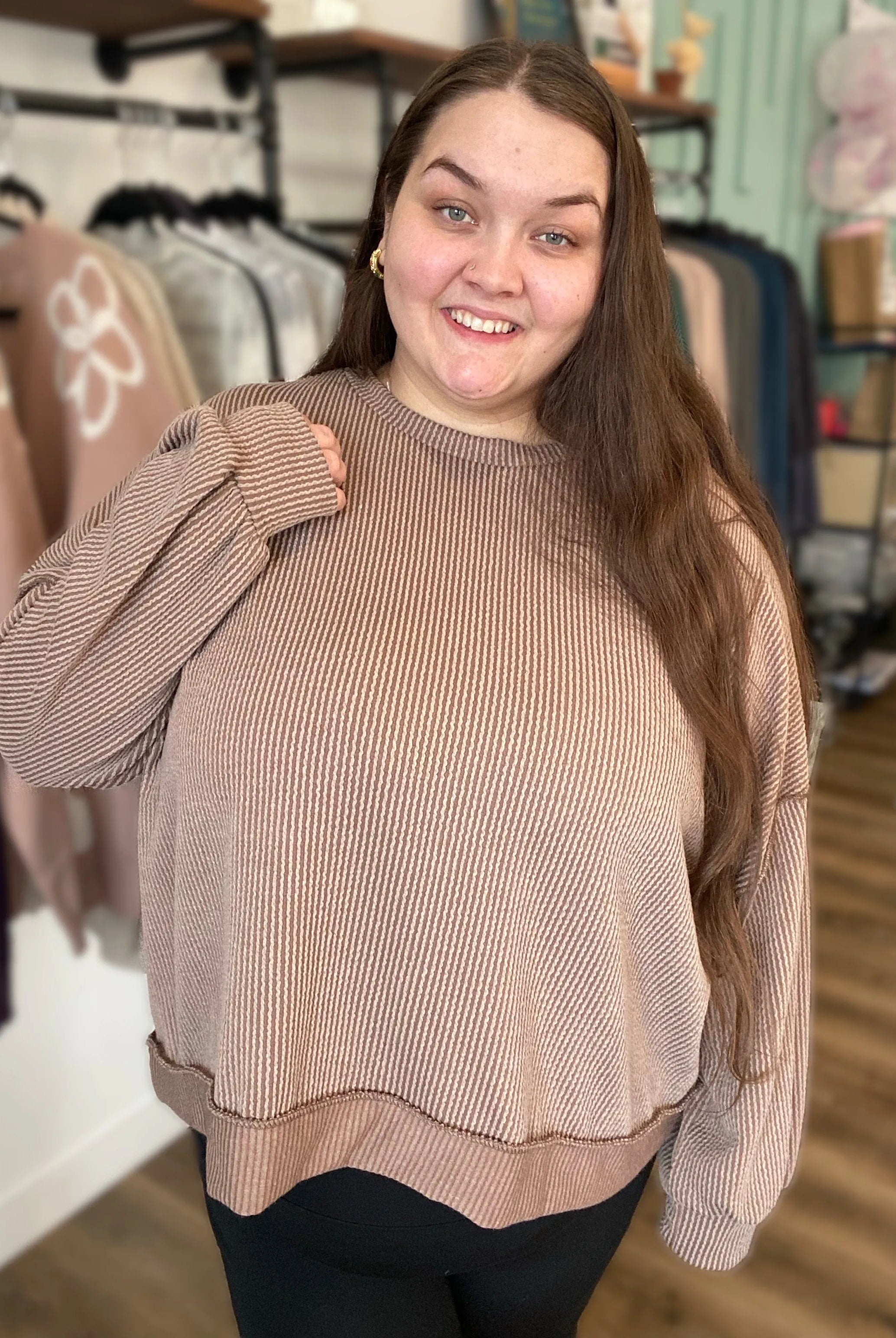 Shop Reversed Hem Long Sleeve - Cocoa- at Ruby Joy Boutique, a Women's Clothing Store in Pickerington, Ohio