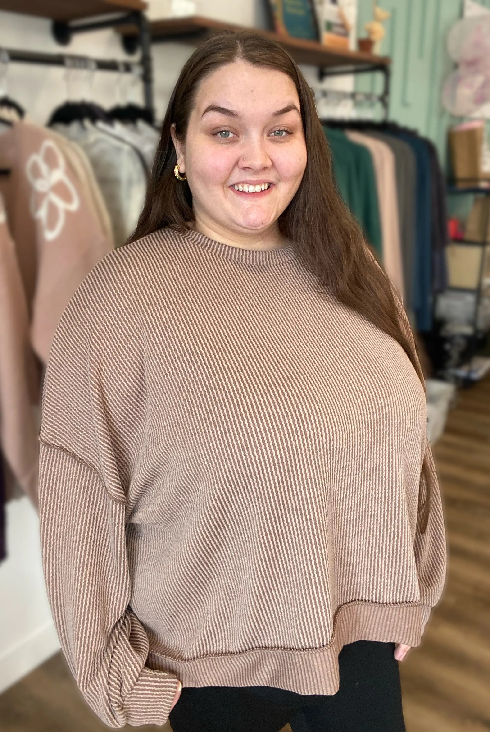 Shop Reversed Hem Long Sleeve - Cocoa- at Ruby Joy Boutique, a Women's Clothing Store in Pickerington, Ohio