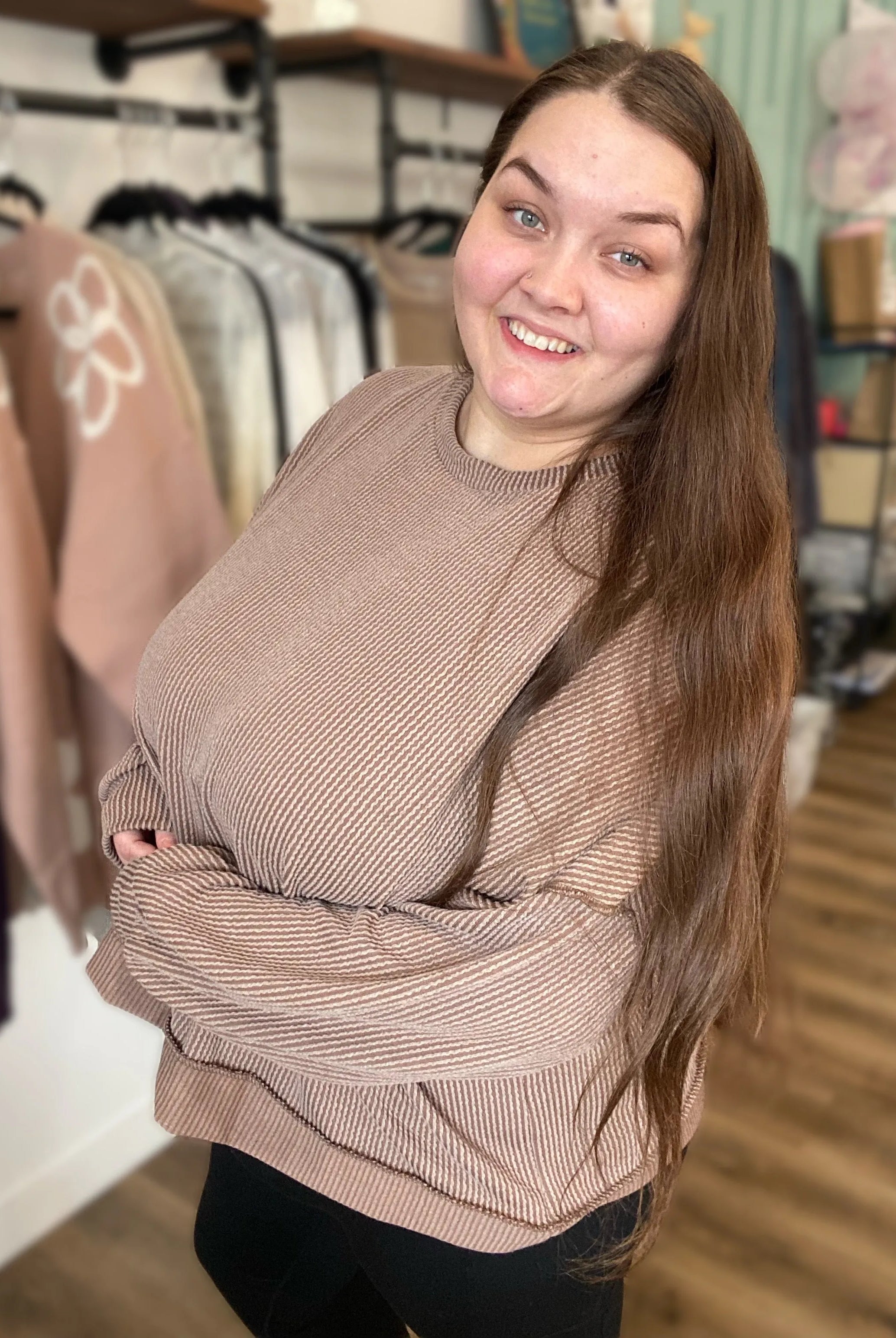 Shop Reversed Hem Long Sleeve - Cocoa- at Ruby Joy Boutique, a Women's Clothing Store in Pickerington, Ohio