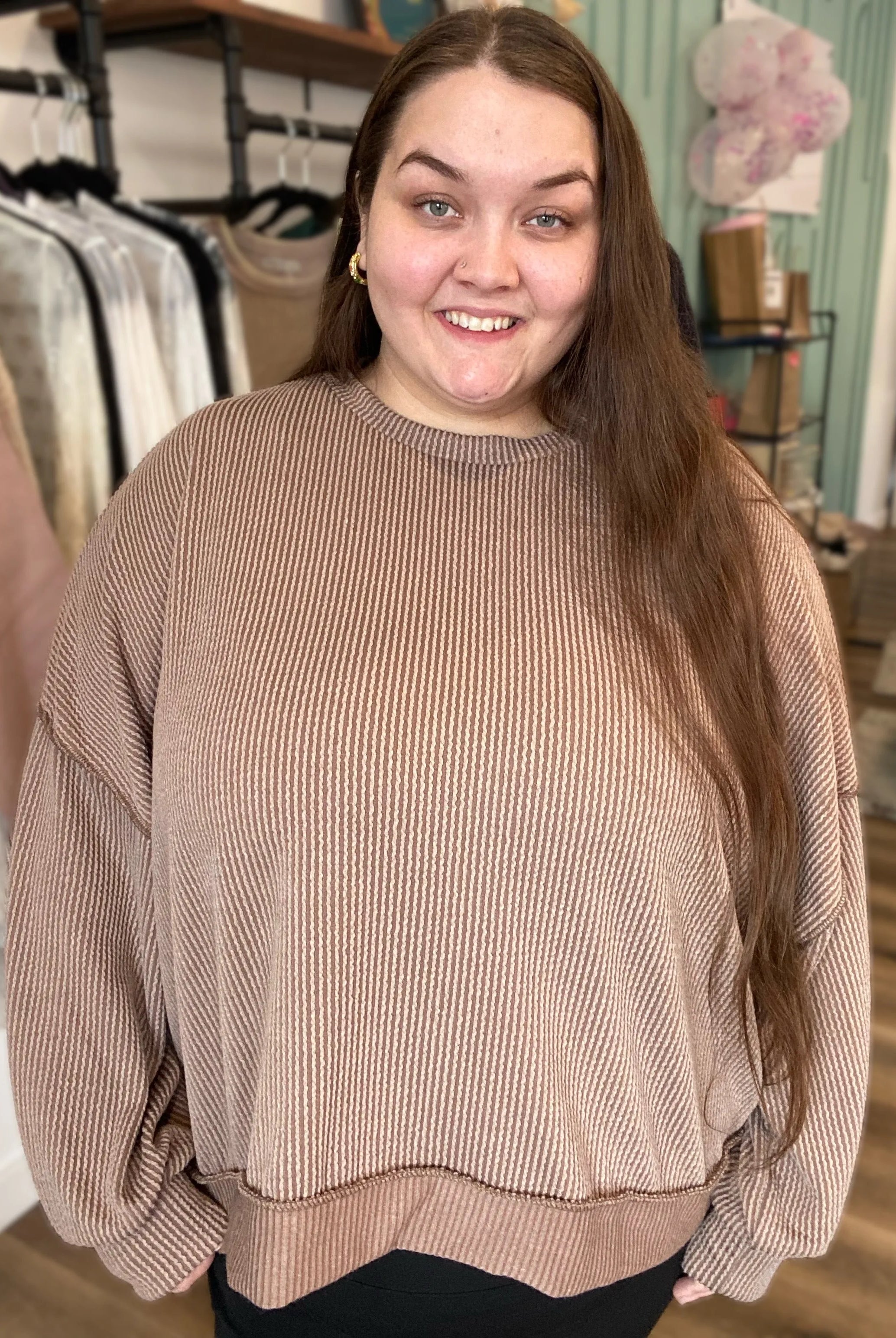 Shop Reversed Hem Long Sleeve - Cocoa- at Ruby Joy Boutique, a Women's Clothing Store in Pickerington, Ohio