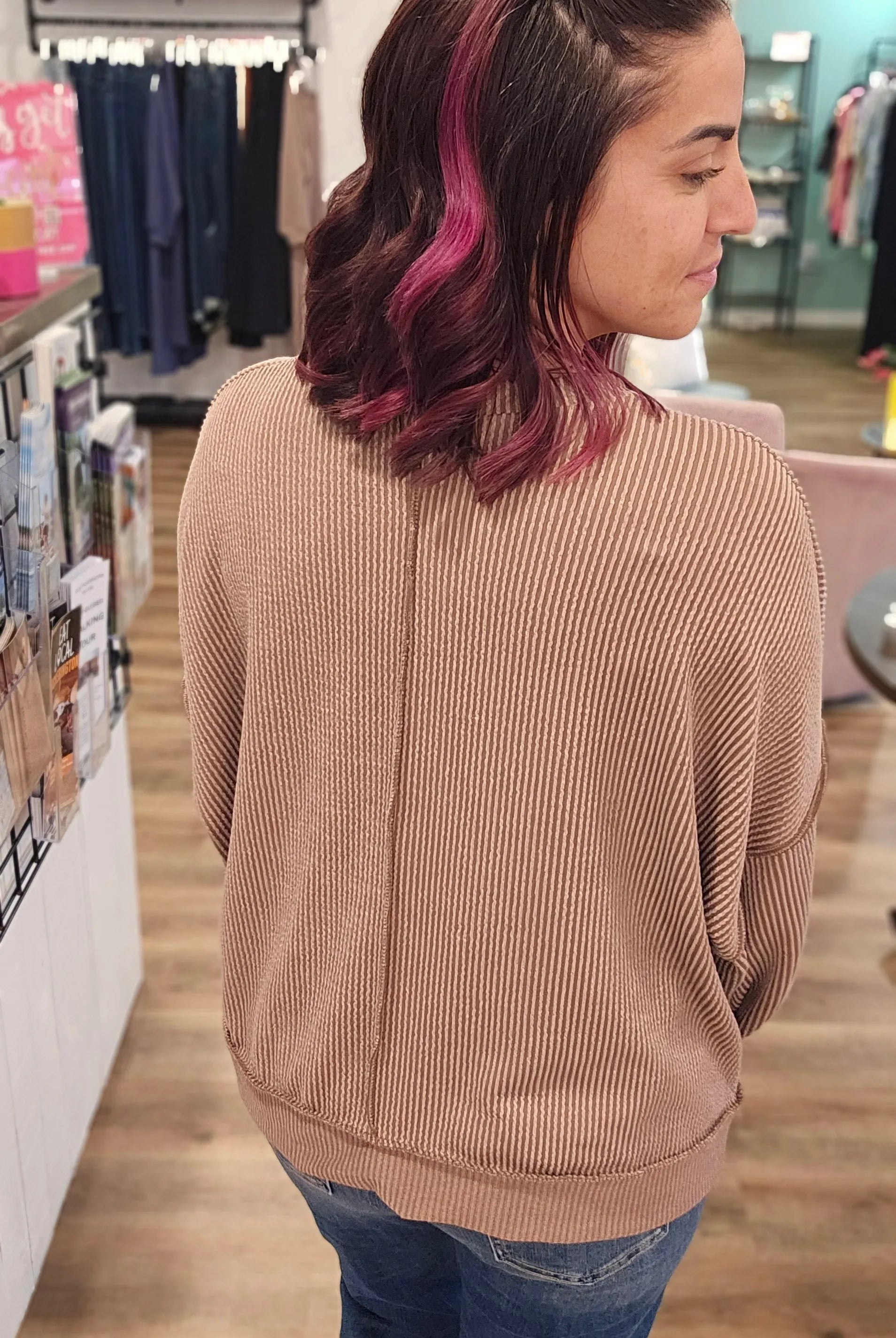 Shop Reversed Hem Long Sleeve - Cocoa- at Ruby Joy Boutique, a Women's Clothing Store in Pickerington, Ohio