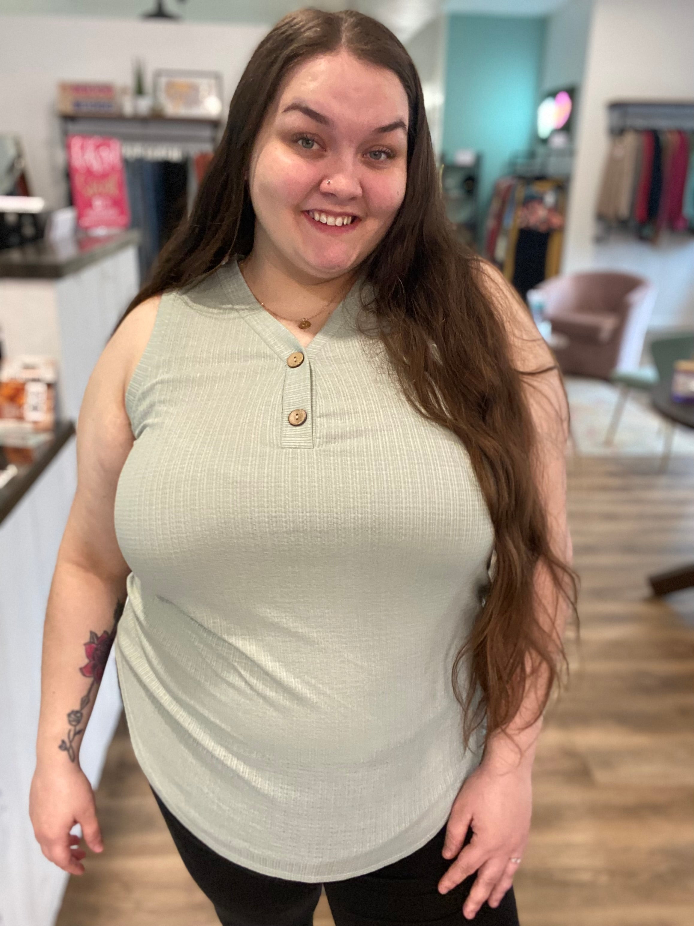 Shop Ribbed Sage Henley Tank Top-Blouse at Ruby Joy Boutique, a Women's Clothing Store in Pickerington, Ohio