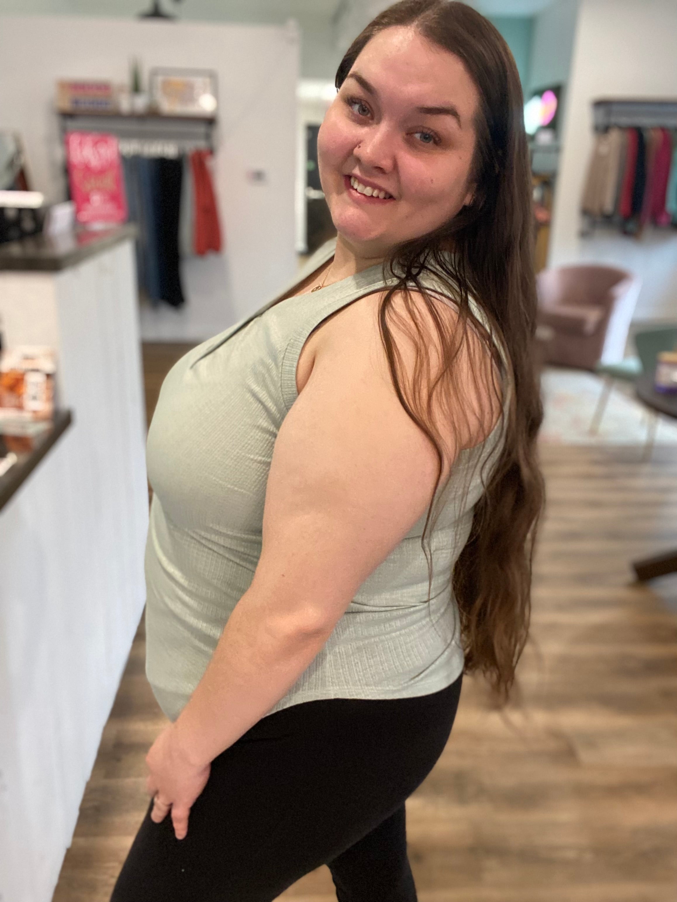Shop Ribbed Sage Henley Tank Top-Blouse at Ruby Joy Boutique, a Women's Clothing Store in Pickerington, Ohio
