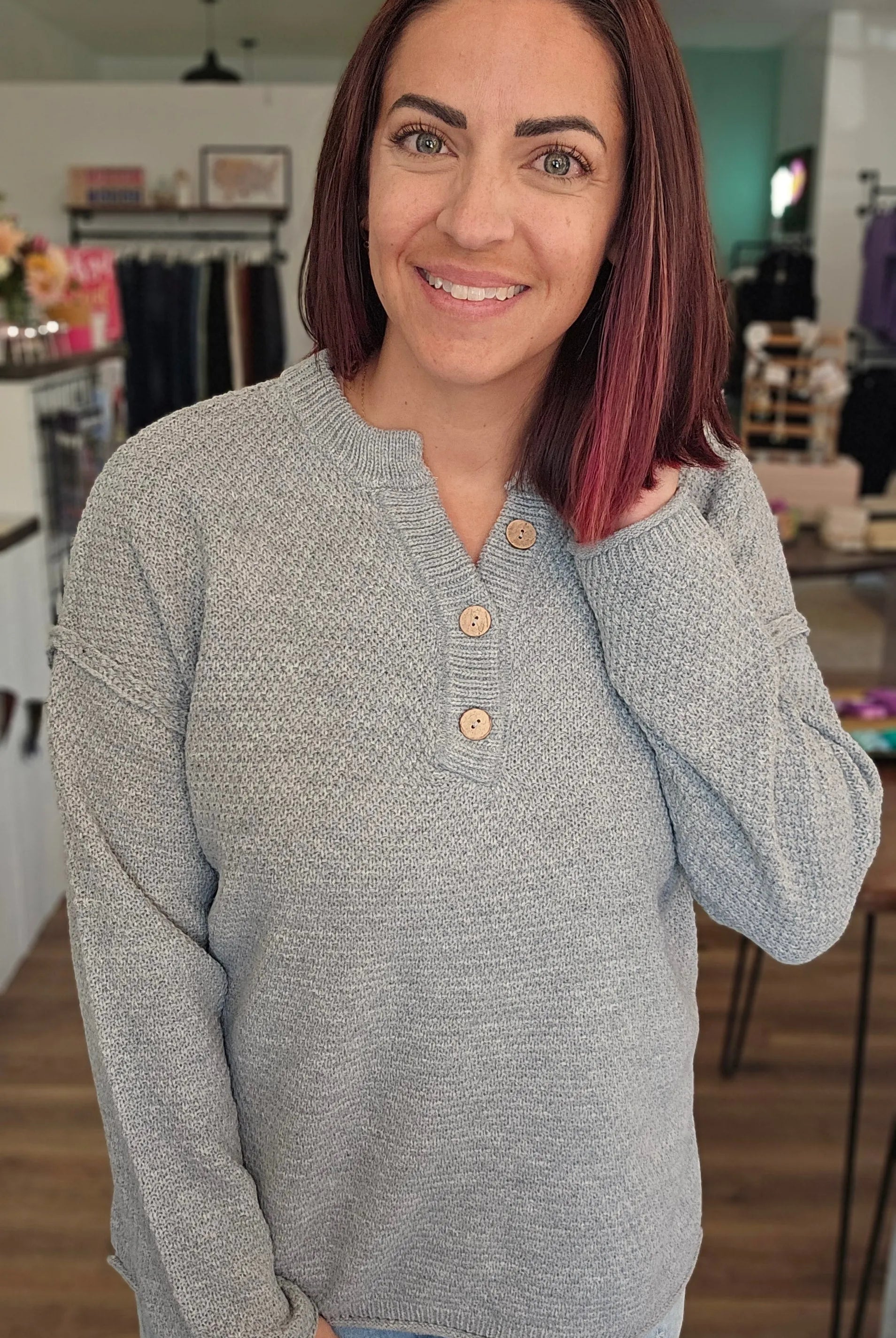 Shop Rolled Hem Henley Sweater - Heather Gray- at Ruby Joy Boutique, a Women's Clothing Store in Pickerington, Ohio