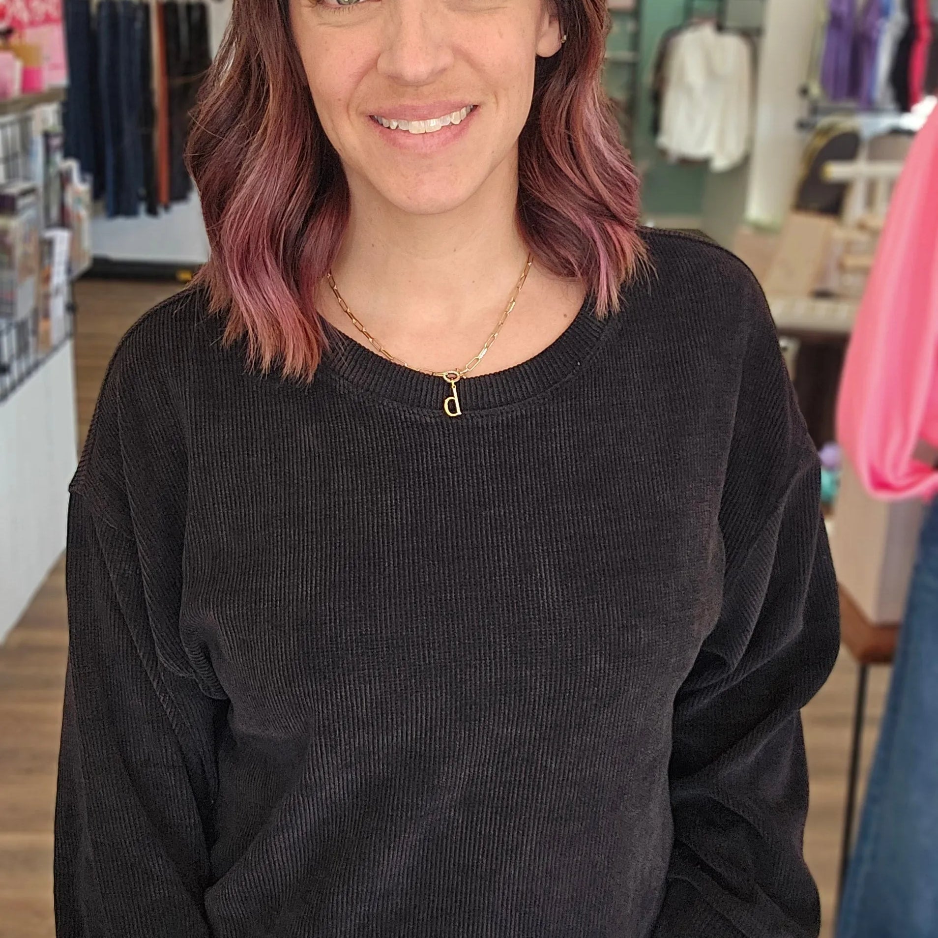 Shop Round Neck Corded Top - Black- at Ruby Joy Boutique, a Women's Clothing Store in Pickerington, Ohio