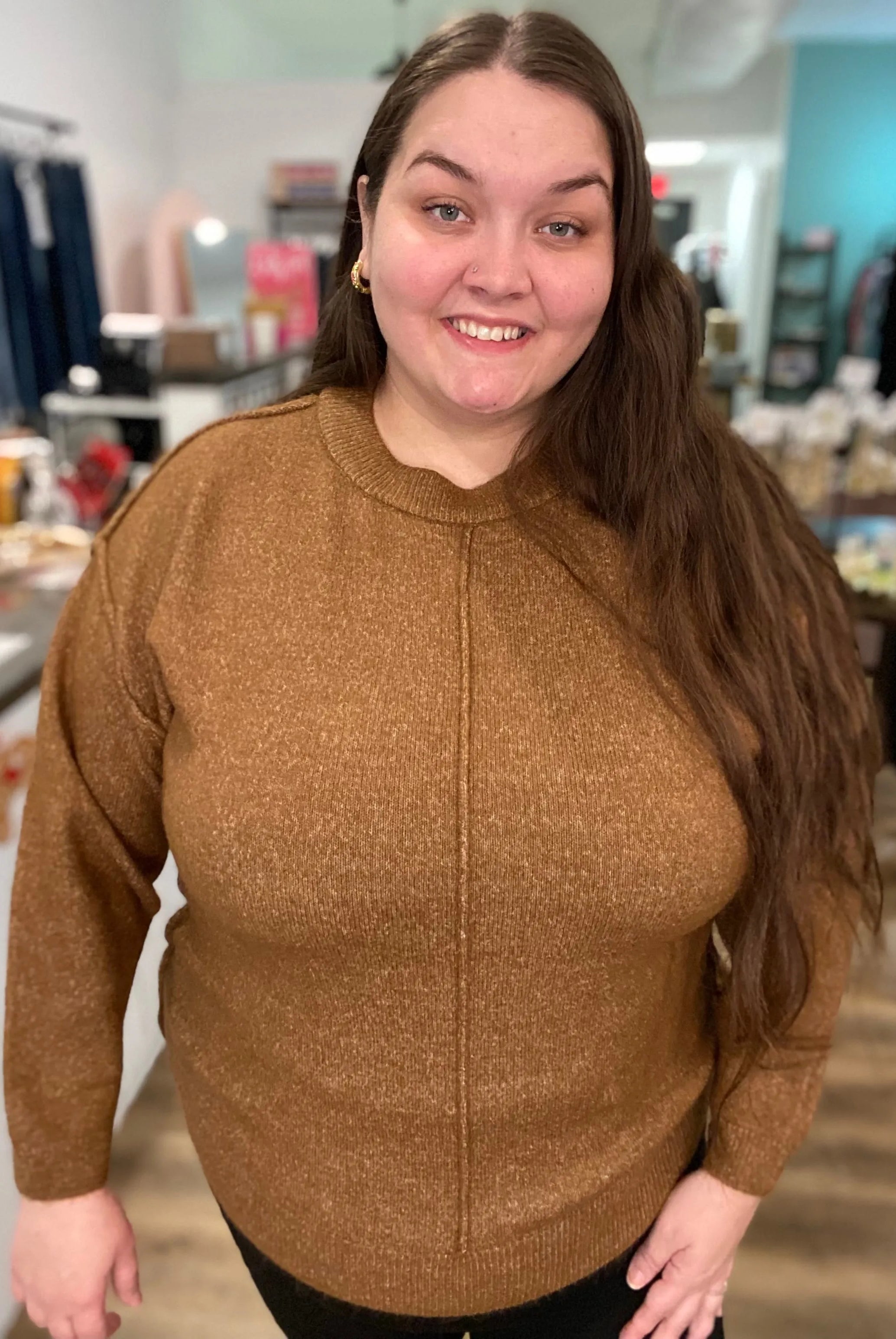 Shop Round Neck Front Seam Sweater - Deep Camel- at Ruby Joy Boutique, a Women's Clothing Store in Pickerington, Ohio