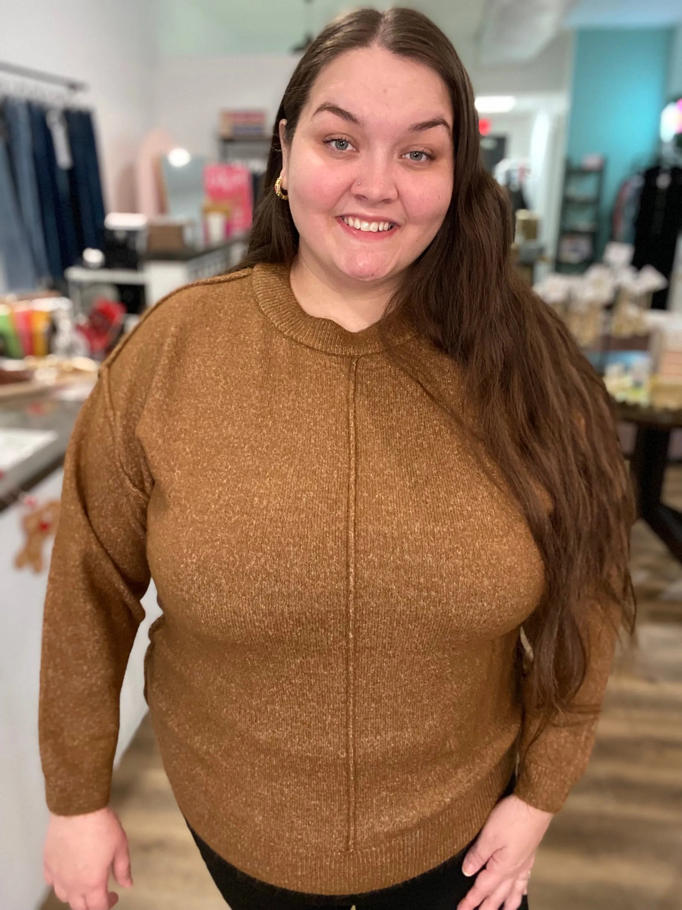 Shop Round Neck Front Seam Sweater - Deep Camel- at Ruby Joy Boutique, a Women's Clothing Store in Pickerington, Ohio