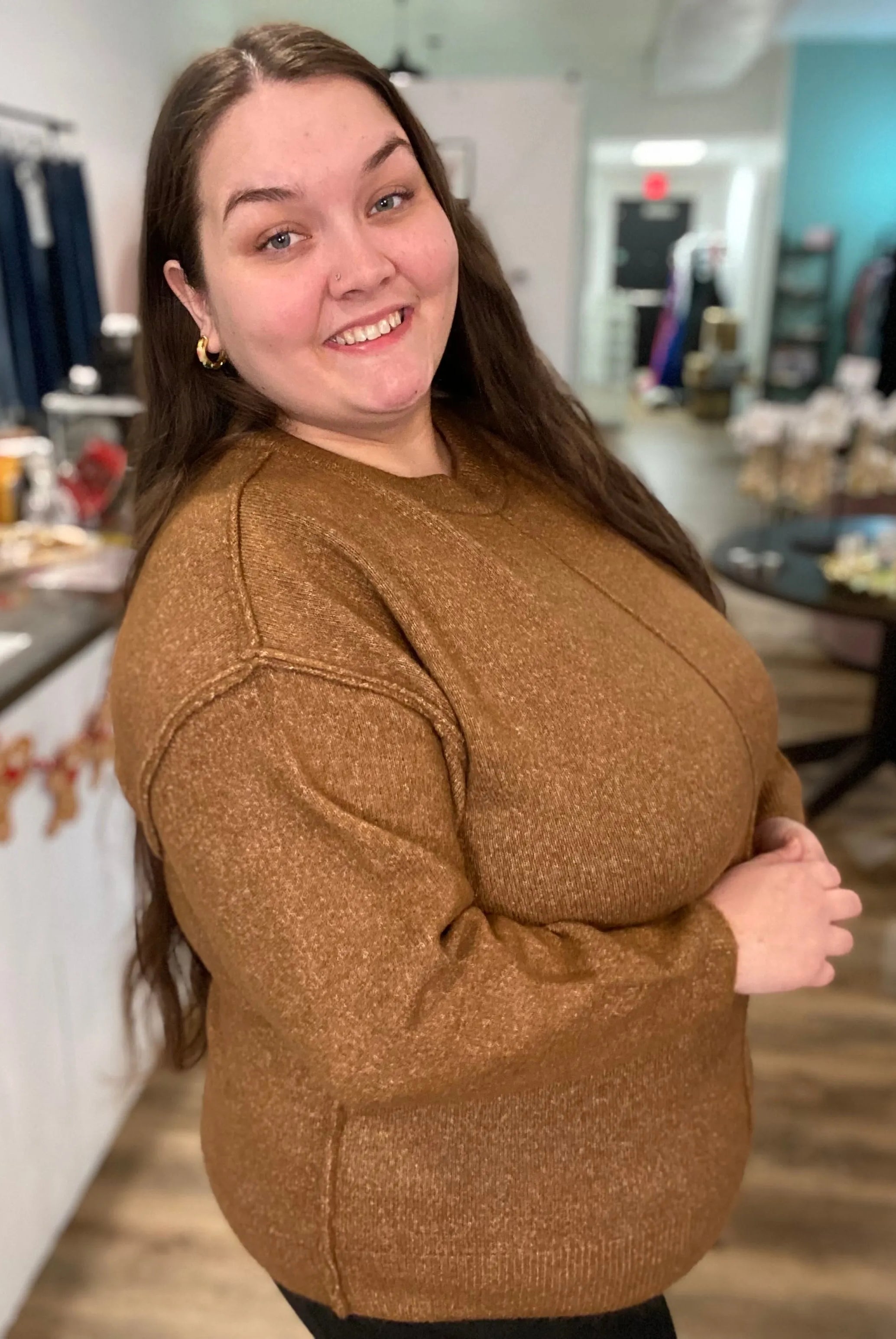 Shop Round Neck Front Seam Sweater - Deep Camel- at Ruby Joy Boutique, a Women's Clothing Store in Pickerington, Ohio