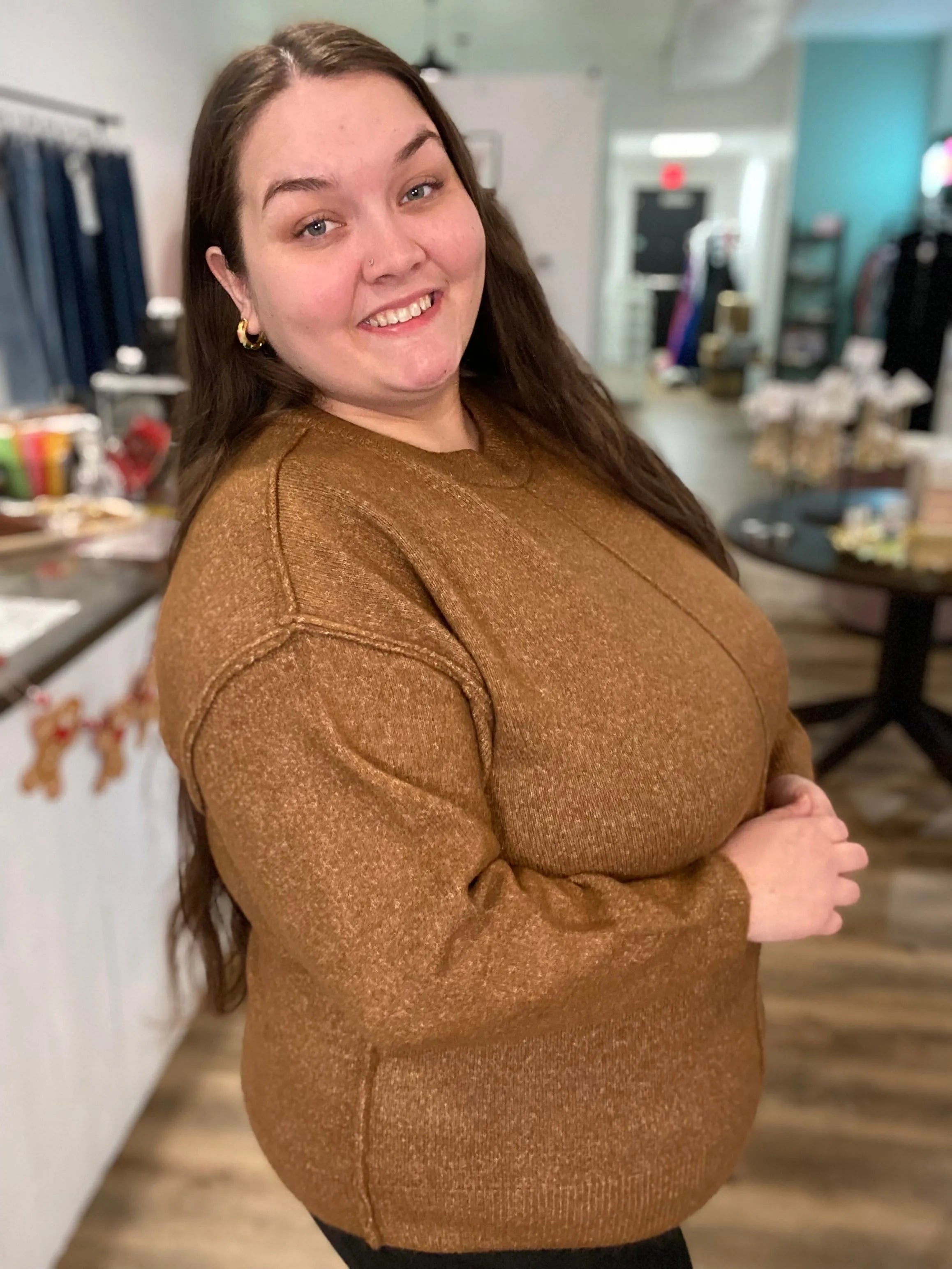 Shop Round Neck Front Seam Sweater - Deep Camel- at Ruby Joy Boutique, a Women's Clothing Store in Pickerington, Ohio