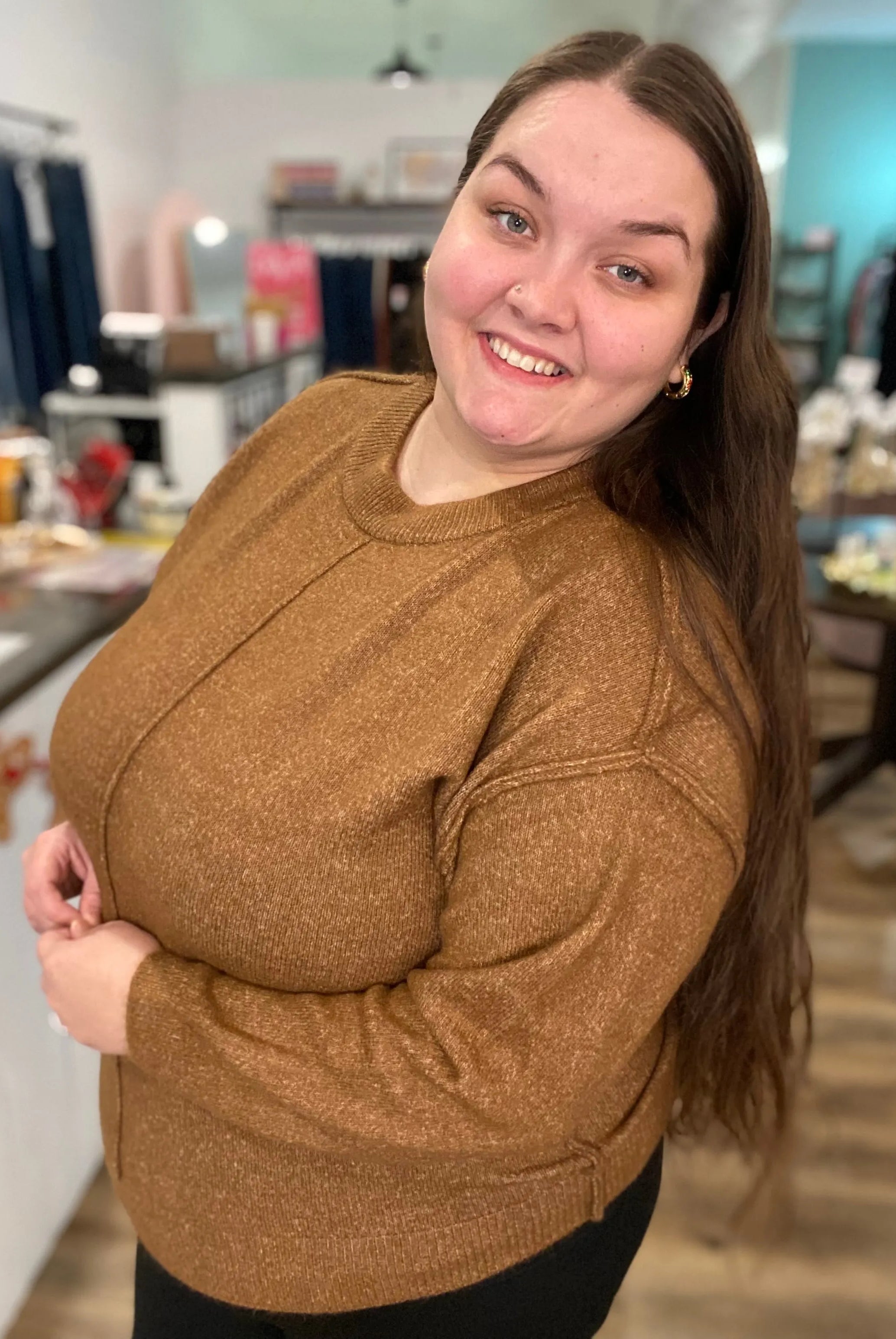 Shop Round Neck Front Seam Sweater - Deep Camel- at Ruby Joy Boutique, a Women's Clothing Store in Pickerington, Ohio