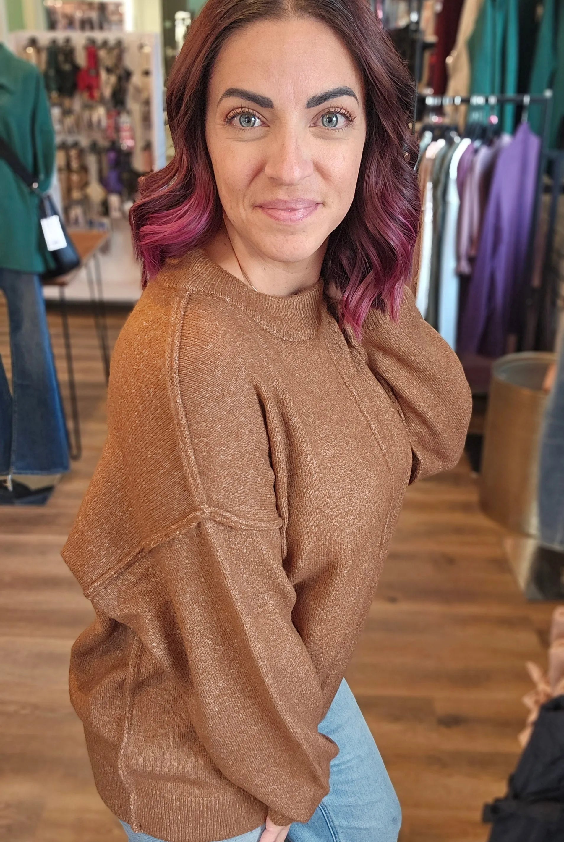 Shop Round Neck Front Seam Sweater - Deep Camel- at Ruby Joy Boutique, a Women's Clothing Store in Pickerington, Ohio