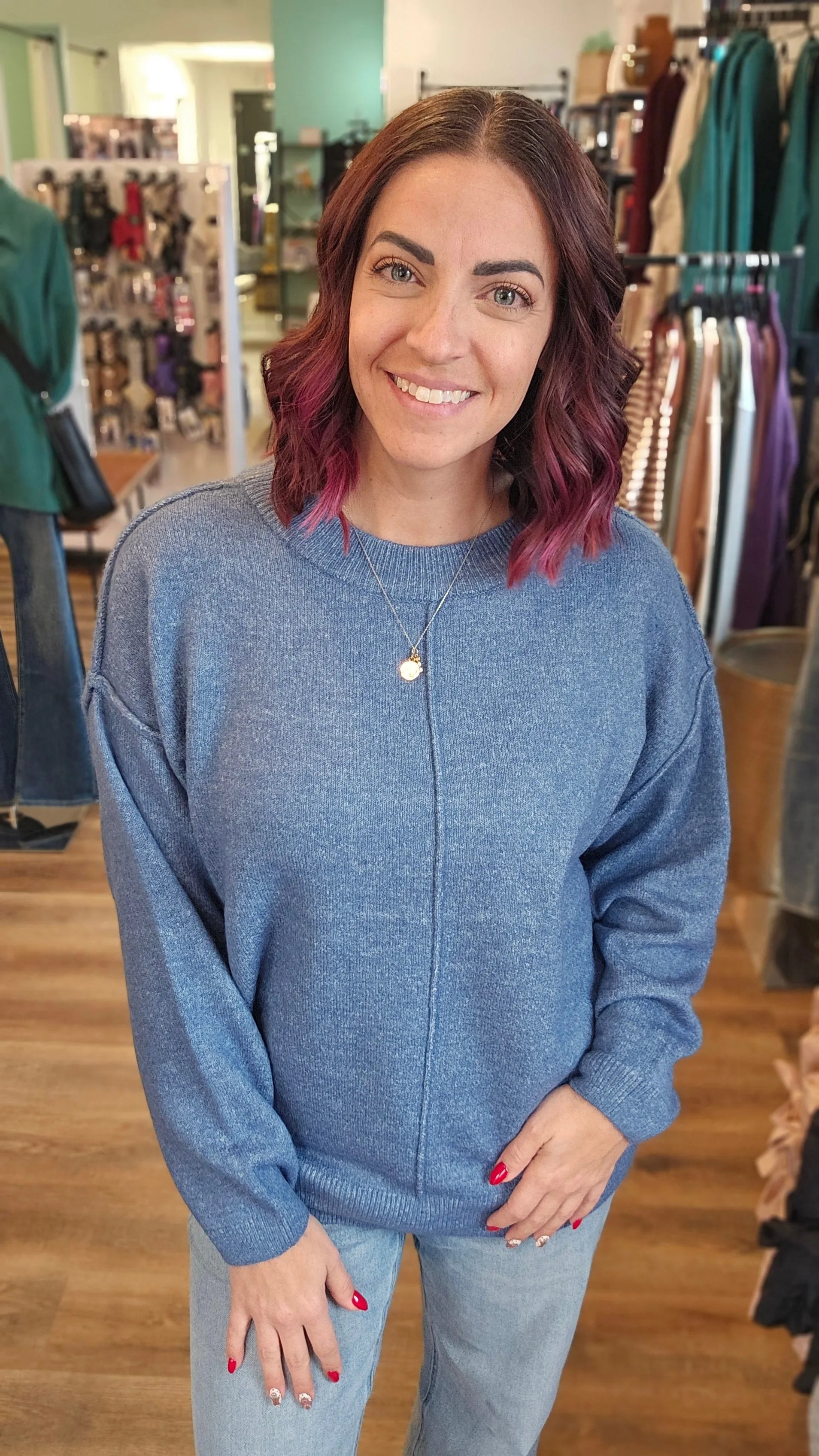 Shop Round Neck Front Seam Sweater - Dusty Blue- at Ruby Joy Boutique, a Women's Clothing Store in Pickerington, Ohio