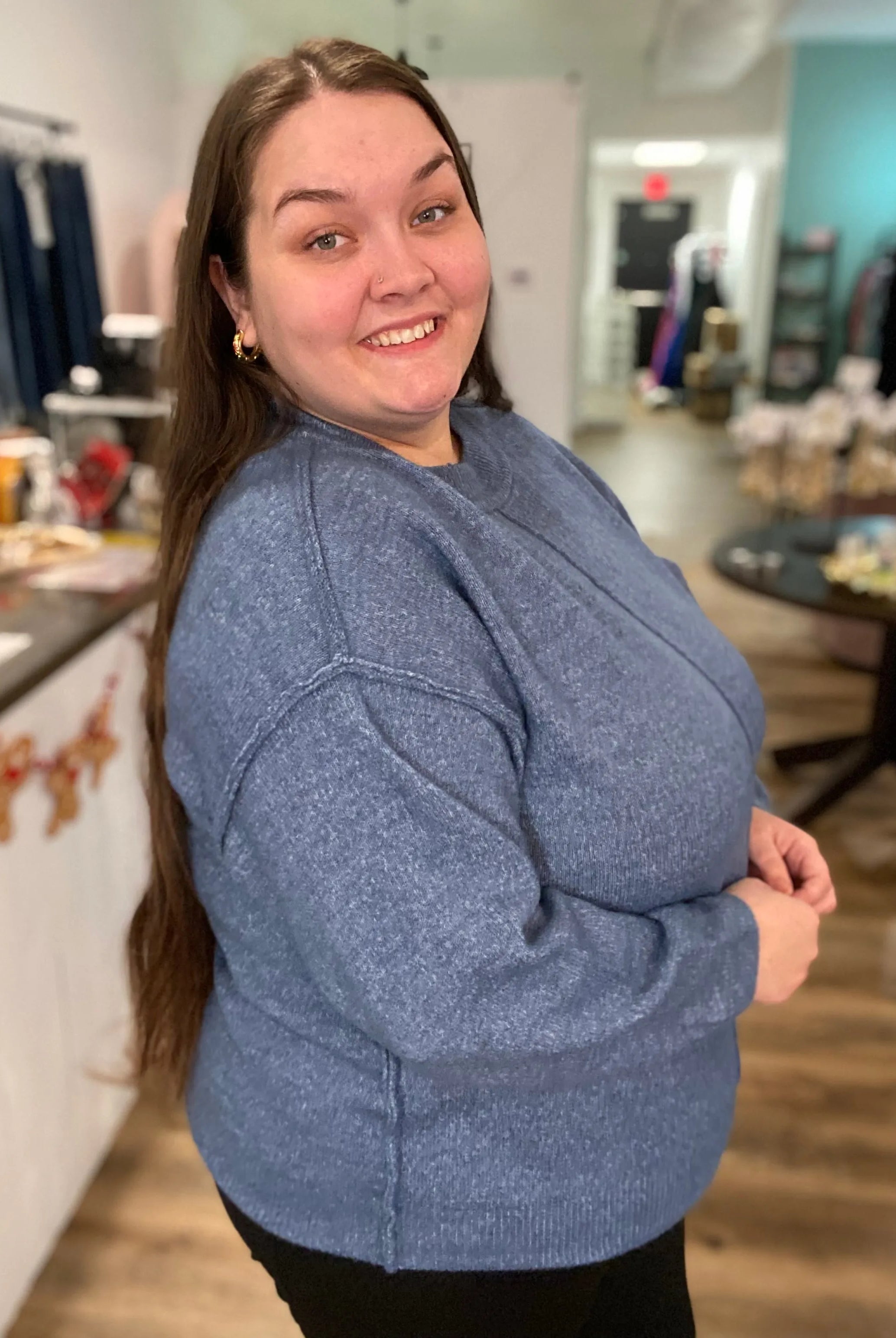Shop Round Neck Front Seam Sweater - Dusty Blue- at Ruby Joy Boutique, a Women's Clothing Store in Pickerington, Ohio