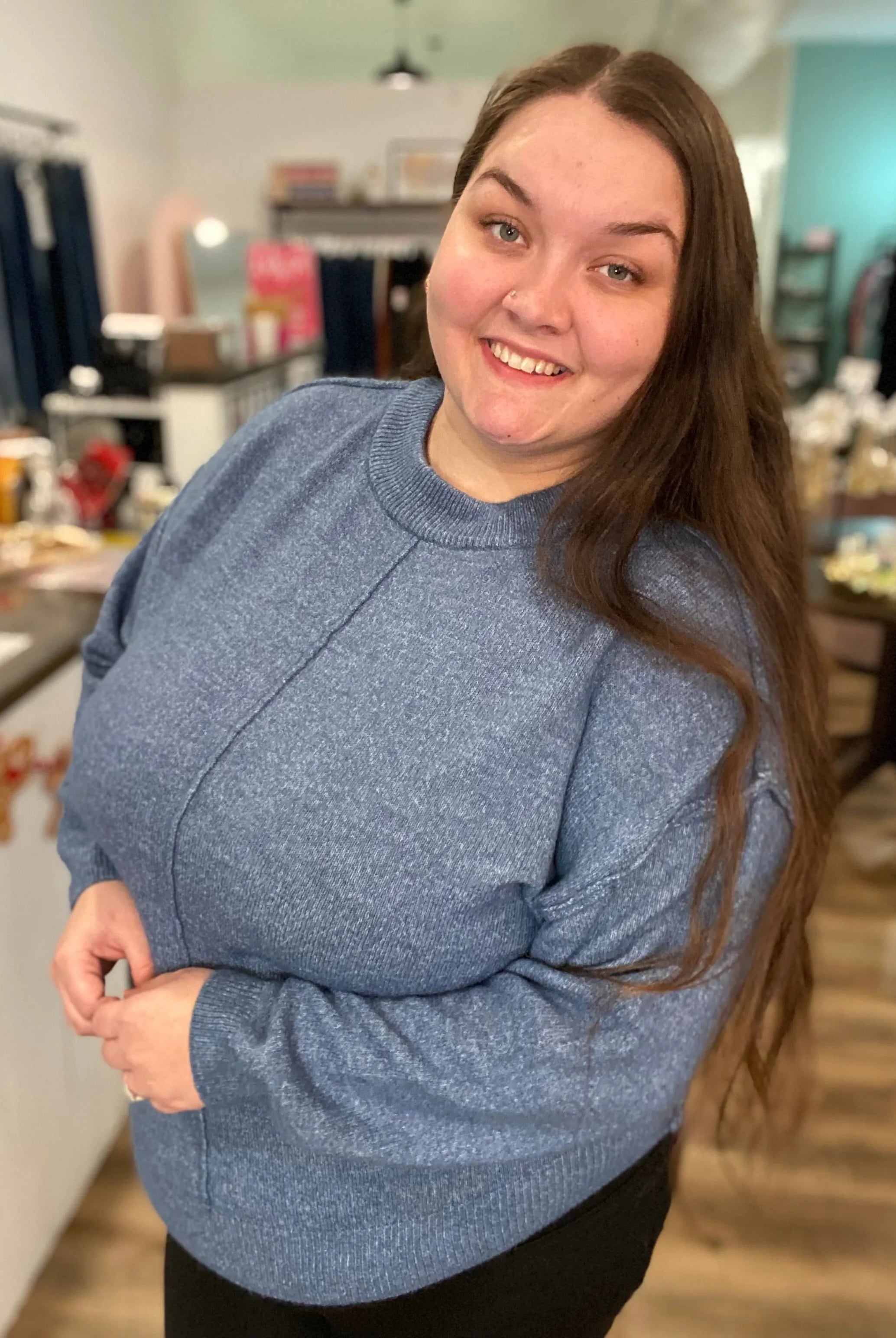 Shop Round Neck Front Seam Sweater - Dusty Blue- at Ruby Joy Boutique, a Women's Clothing Store in Pickerington, Ohio