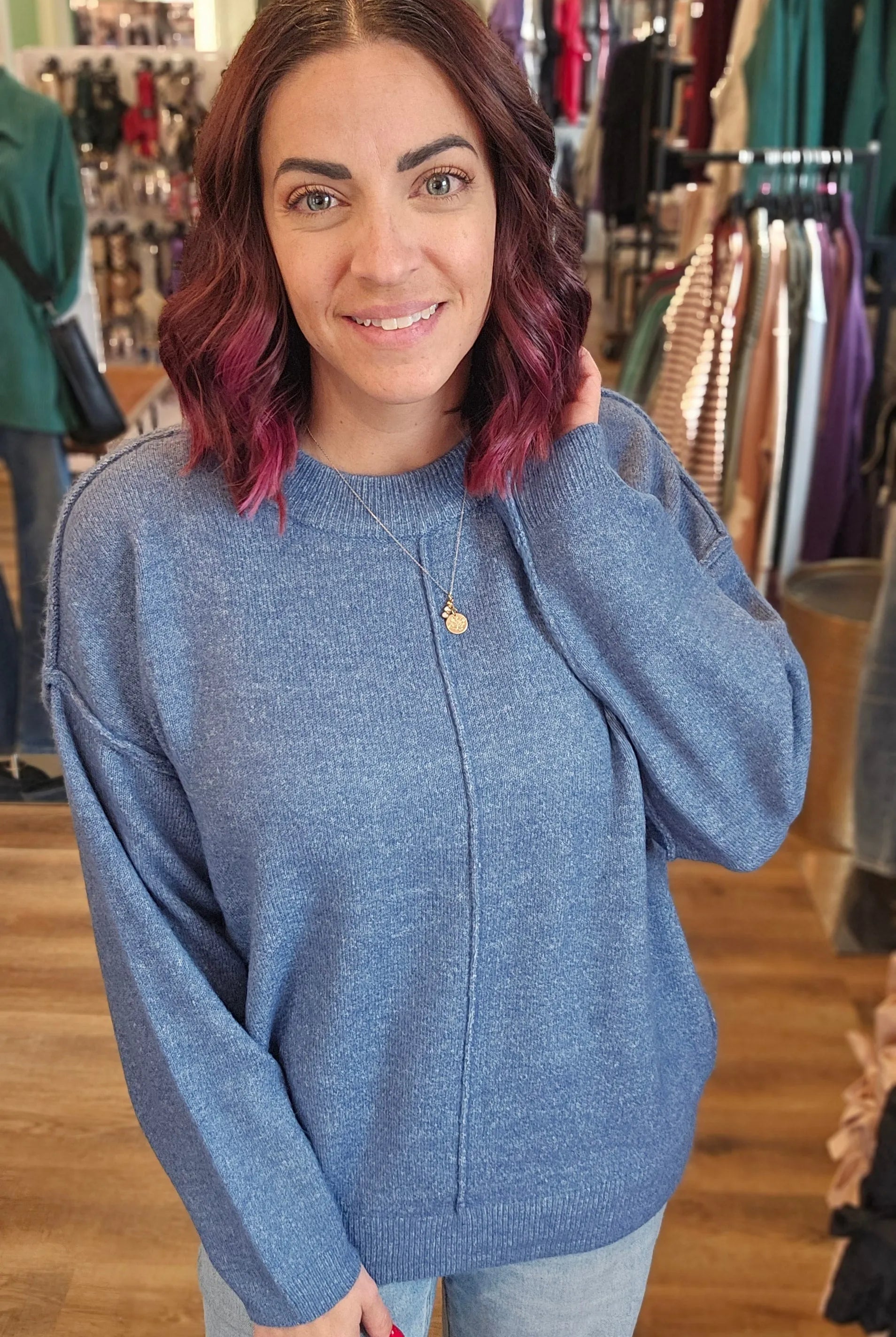 Shop Round Neck Front Seam Sweater - Dusty Blue- at Ruby Joy Boutique, a Women's Clothing Store in Pickerington, Ohio