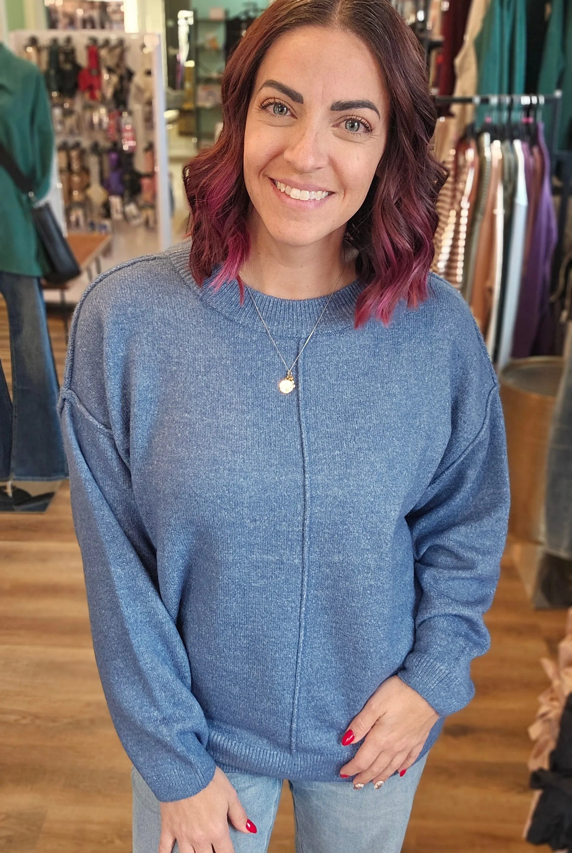 Shop Round Neck Front Seam Sweater - Dusty Blue- at Ruby Joy Boutique, a Women's Clothing Store in Pickerington, Ohio