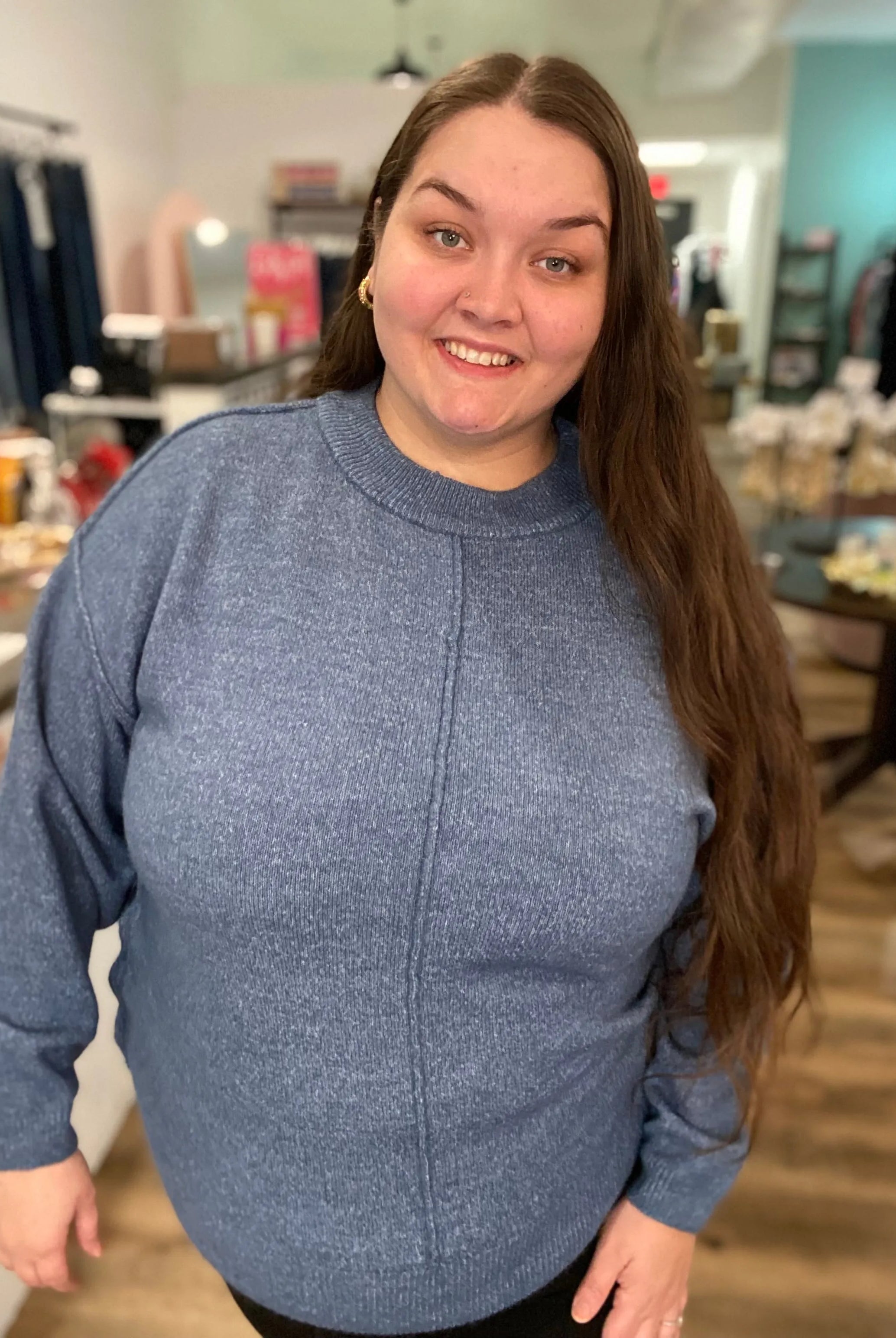 Shop Round Neck Front Seam Sweater - Dusty Blue- at Ruby Joy Boutique, a Women's Clothing Store in Pickerington, Ohio
