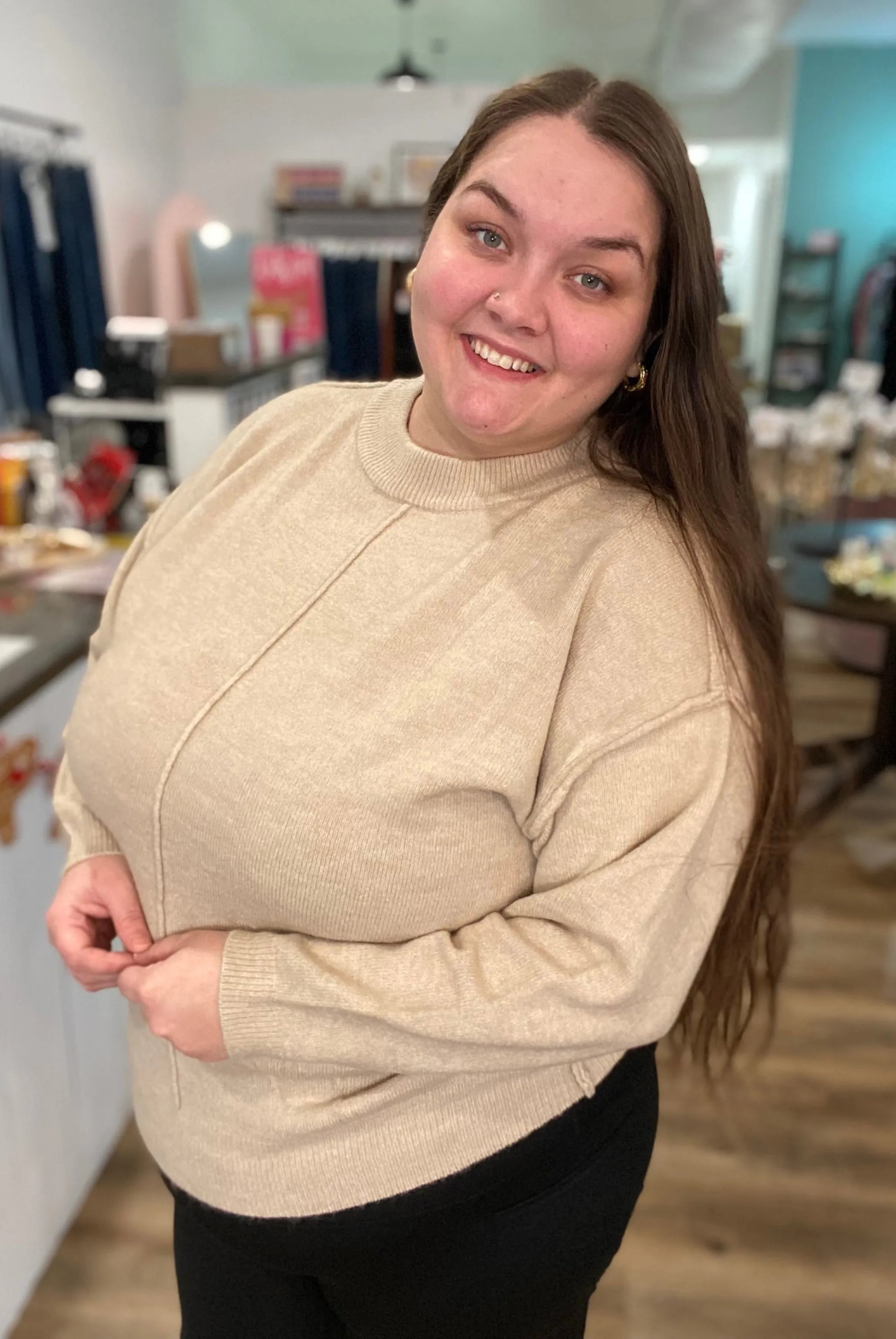 Shop Round Neck Front Seam Sweater - Heather Beige- at Ruby Joy Boutique, a Women's Clothing Store in Pickerington, Ohio