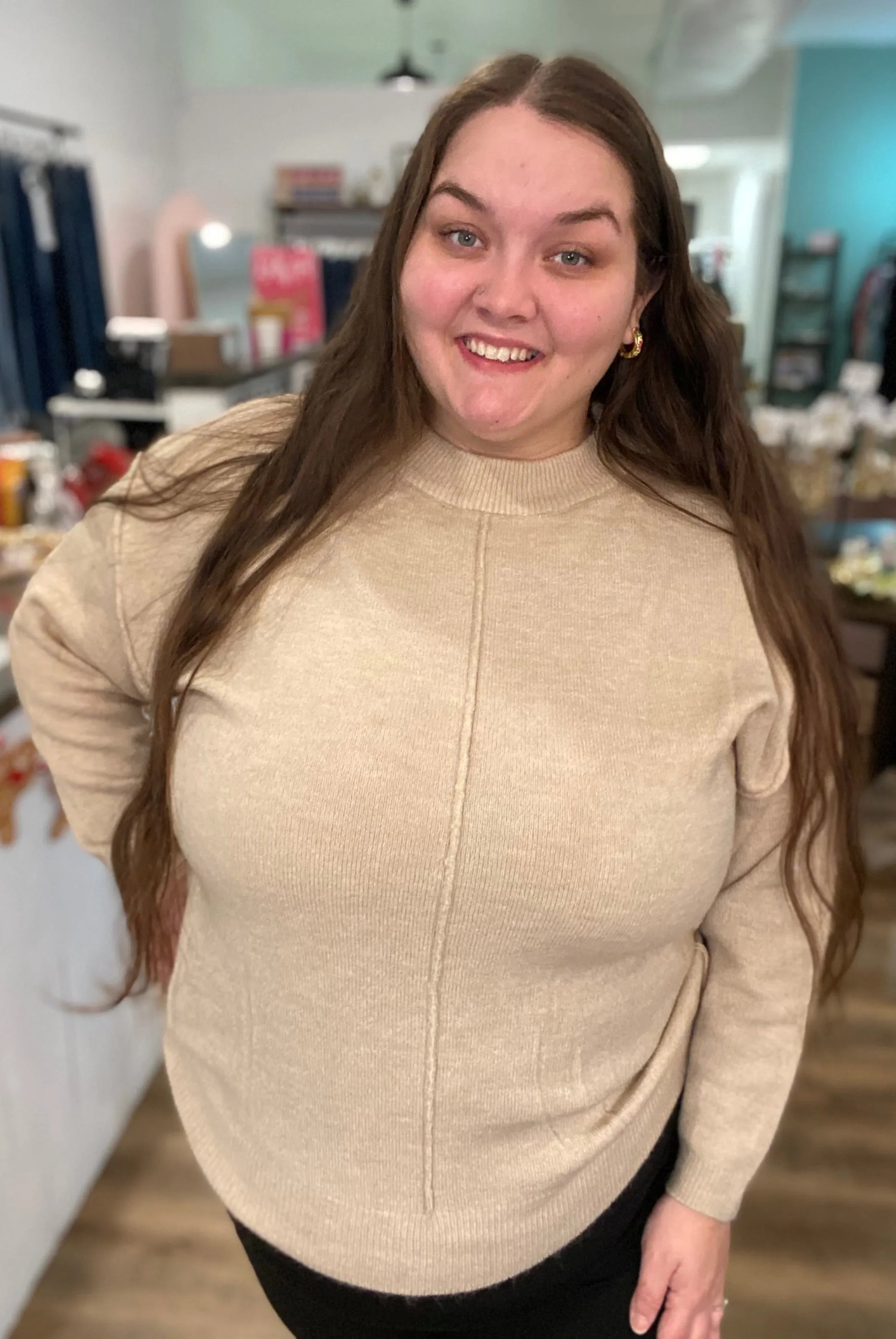 Shop Round Neck Front Seam Sweater - Heather Beige- at Ruby Joy Boutique, a Women's Clothing Store in Pickerington, Ohio