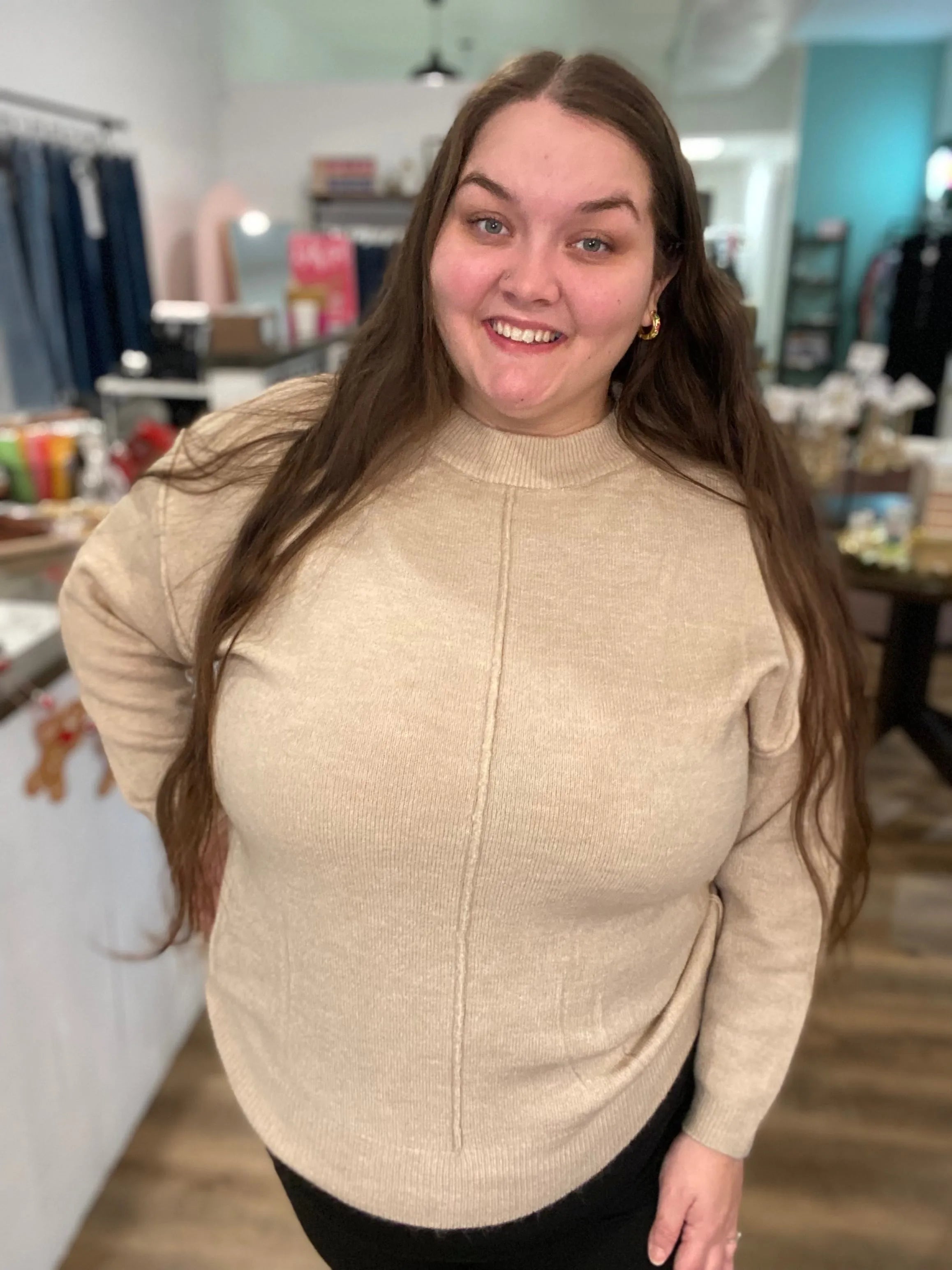 Shop Round Neck Front Seam Sweater - Heather Beige- at Ruby Joy Boutique, a Women's Clothing Store in Pickerington, Ohio