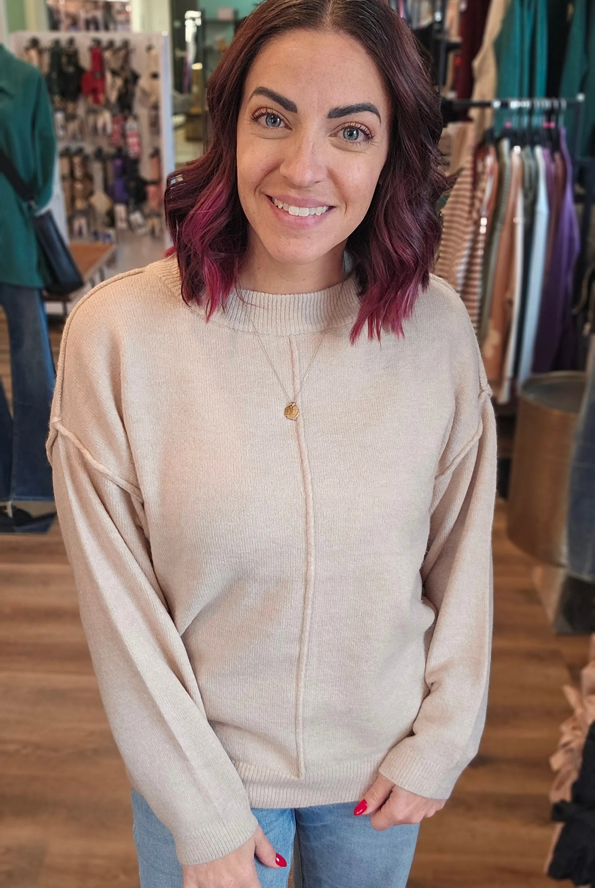 Shop Round Neck Front Seam Sweater - Heather Beige- at Ruby Joy Boutique, a Women's Clothing Store in Pickerington, Ohio