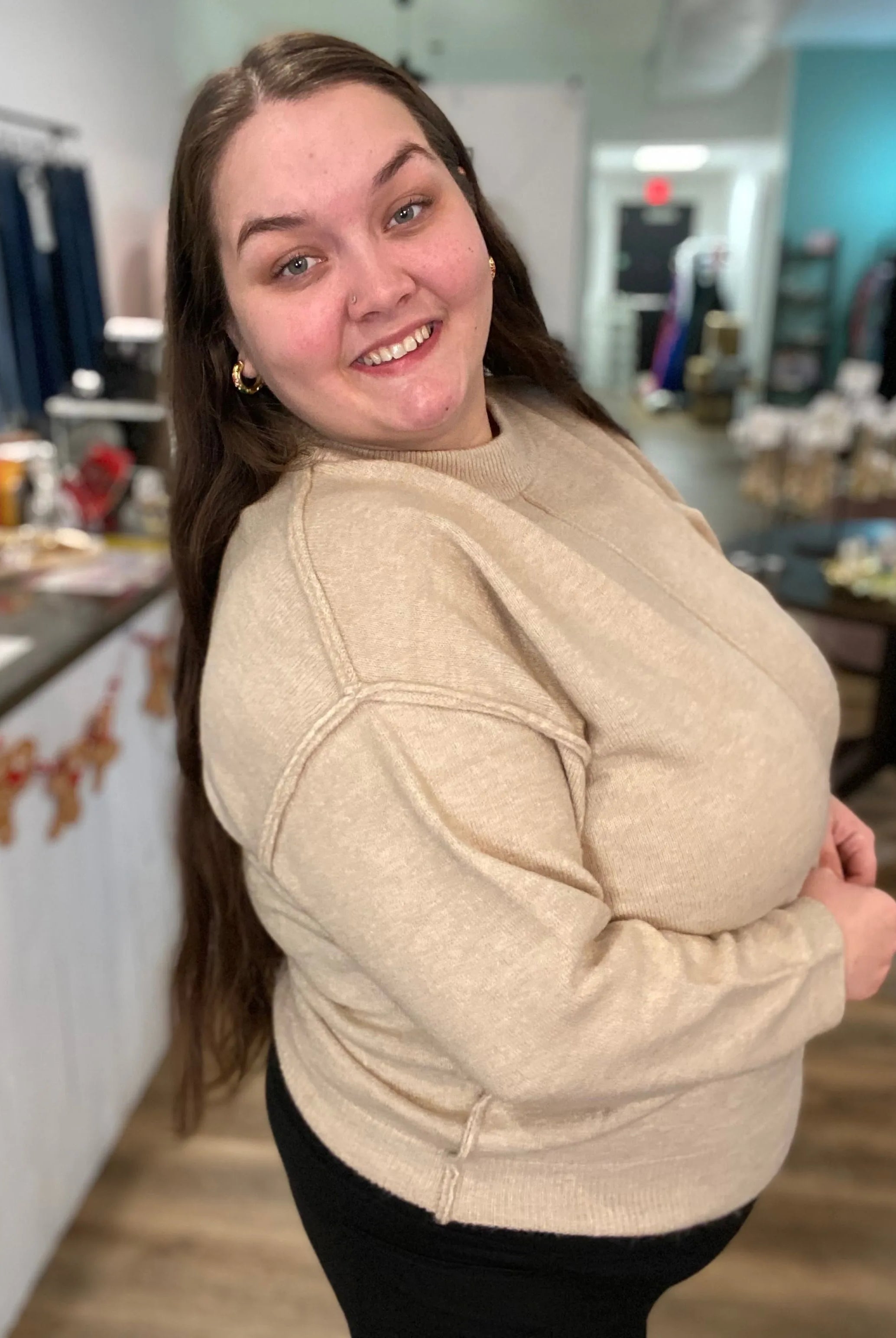 Shop Round Neck Front Seam Sweater - Heather Beige- at Ruby Joy Boutique, a Women's Clothing Store in Pickerington, Ohio