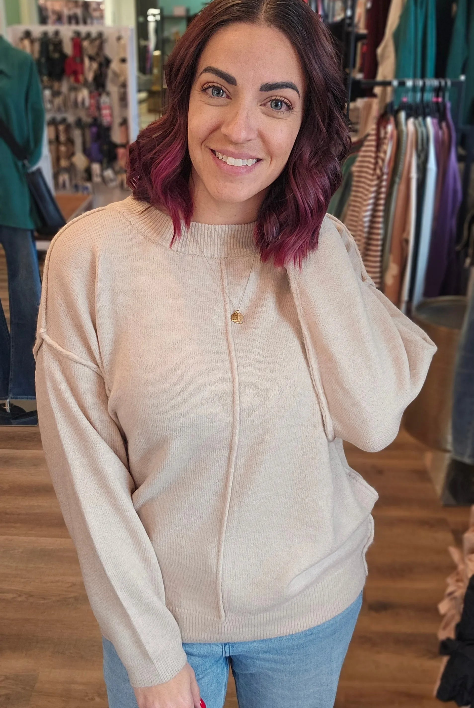 Shop Round Neck Front Seam Sweater - Heather Beige- at Ruby Joy Boutique, a Women's Clothing Store in Pickerington, Ohio