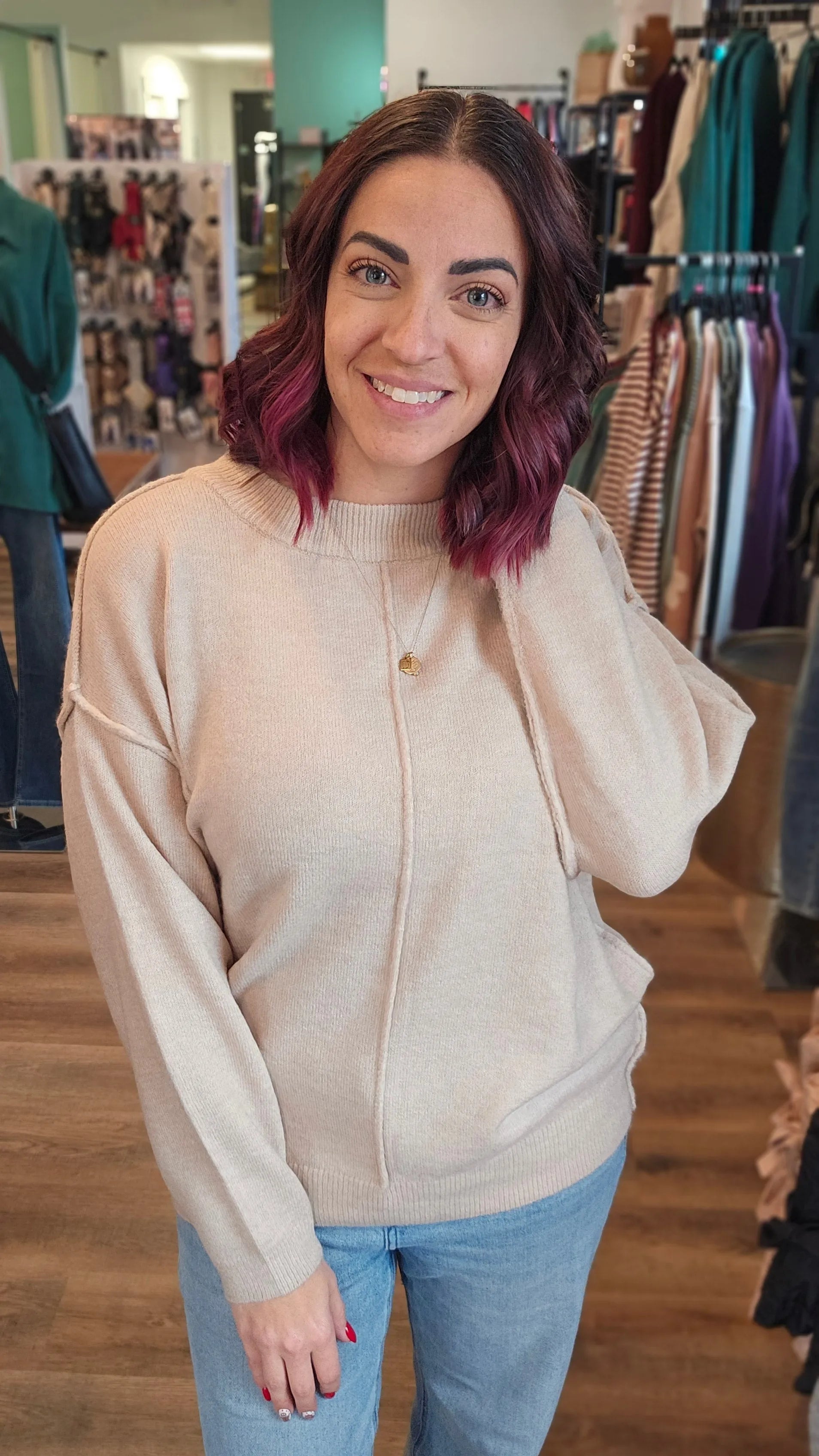 Shop Round Neck Front Seam Sweater - Heather Beige- at Ruby Joy Boutique, a Women's Clothing Store in Pickerington, Ohio