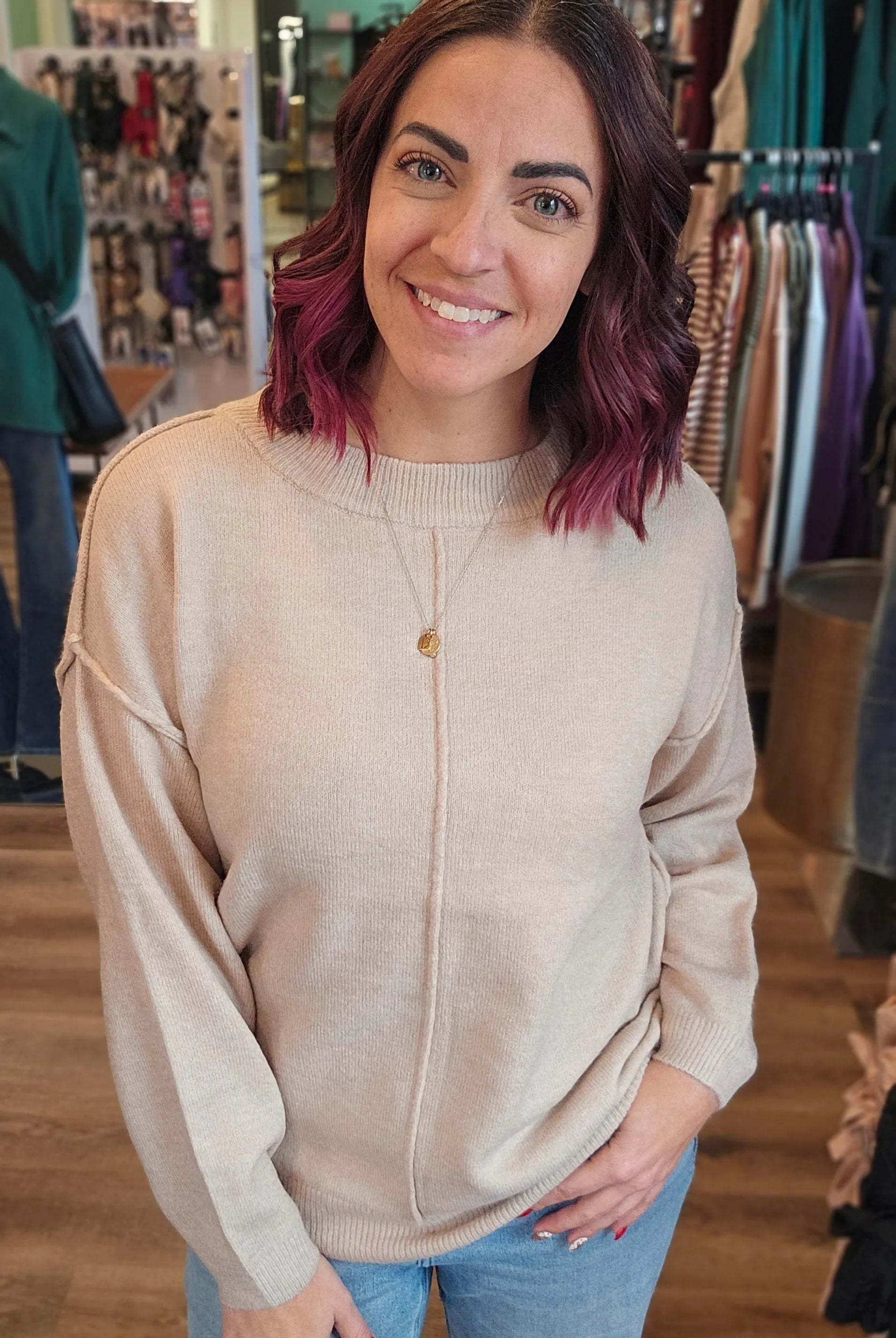 Shop Round Neck Front Seam Sweater - Heather Beige- at Ruby Joy Boutique, a Women's Clothing Store in Pickerington, Ohio