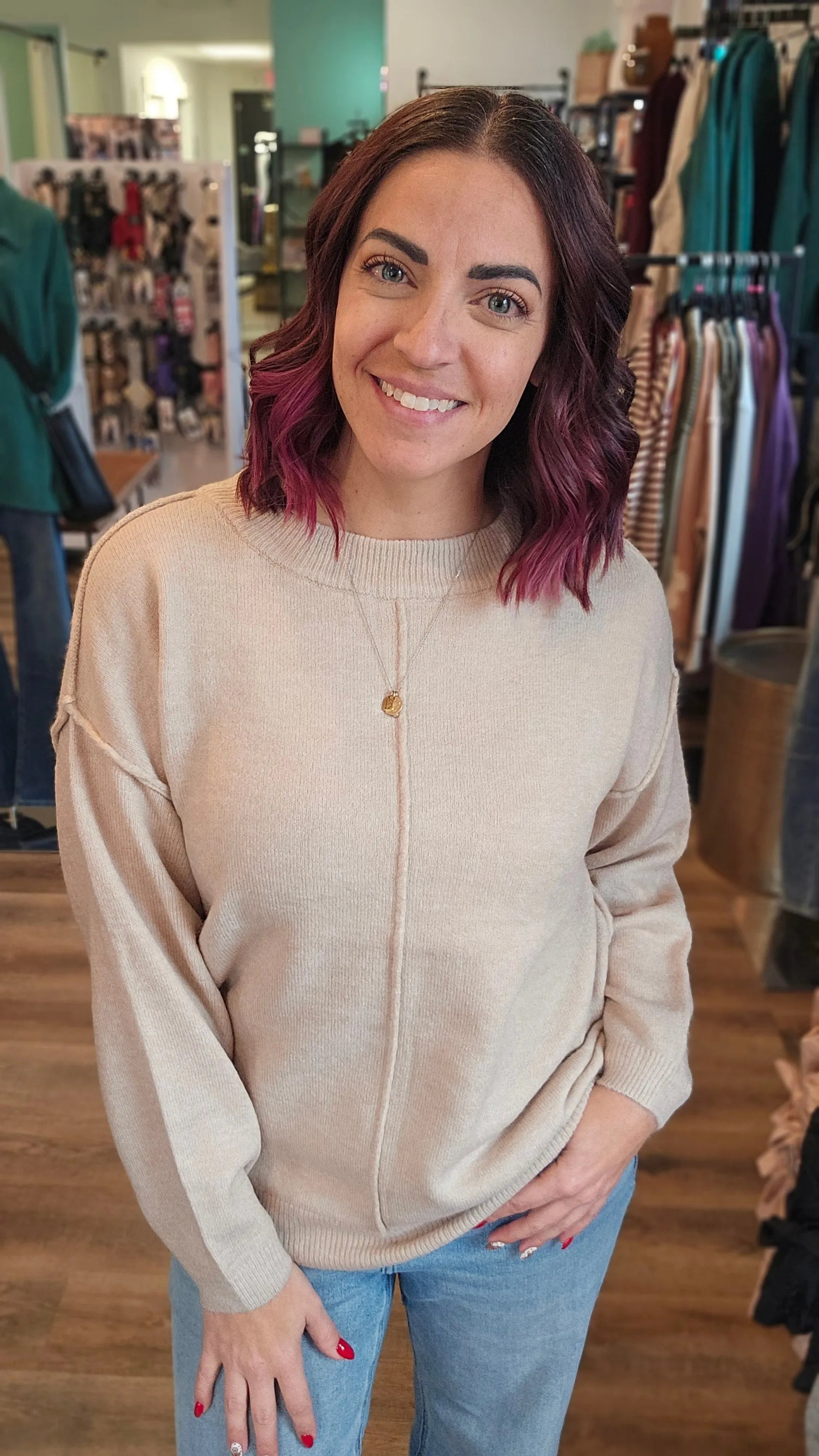 Shop Round Neck Front Seam Sweater - Heather Beige- at Ruby Joy Boutique, a Women's Clothing Store in Pickerington, Ohio