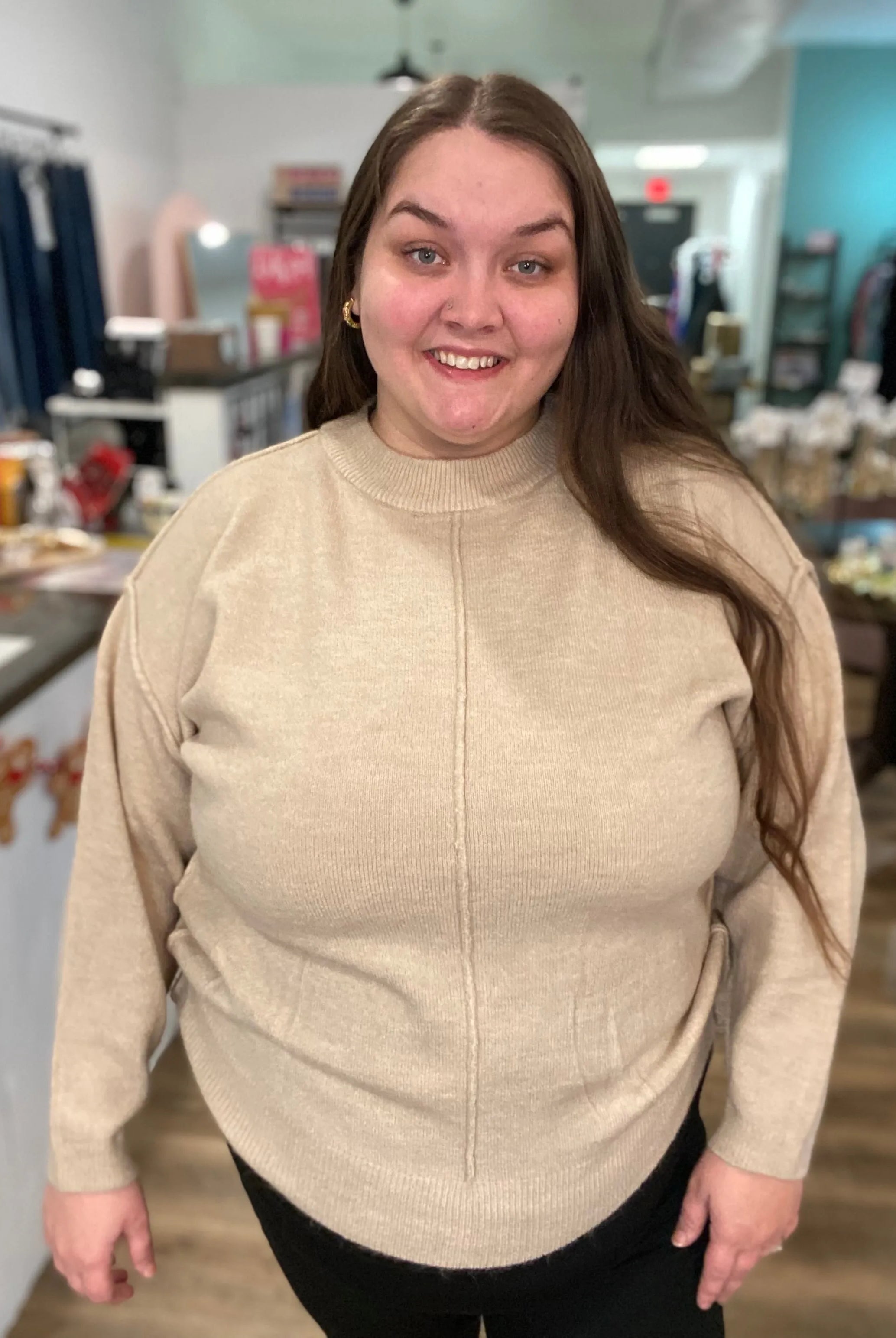 Shop Round Neck Front Seam Sweater - Heather Beige- at Ruby Joy Boutique, a Women's Clothing Store in Pickerington, Ohio