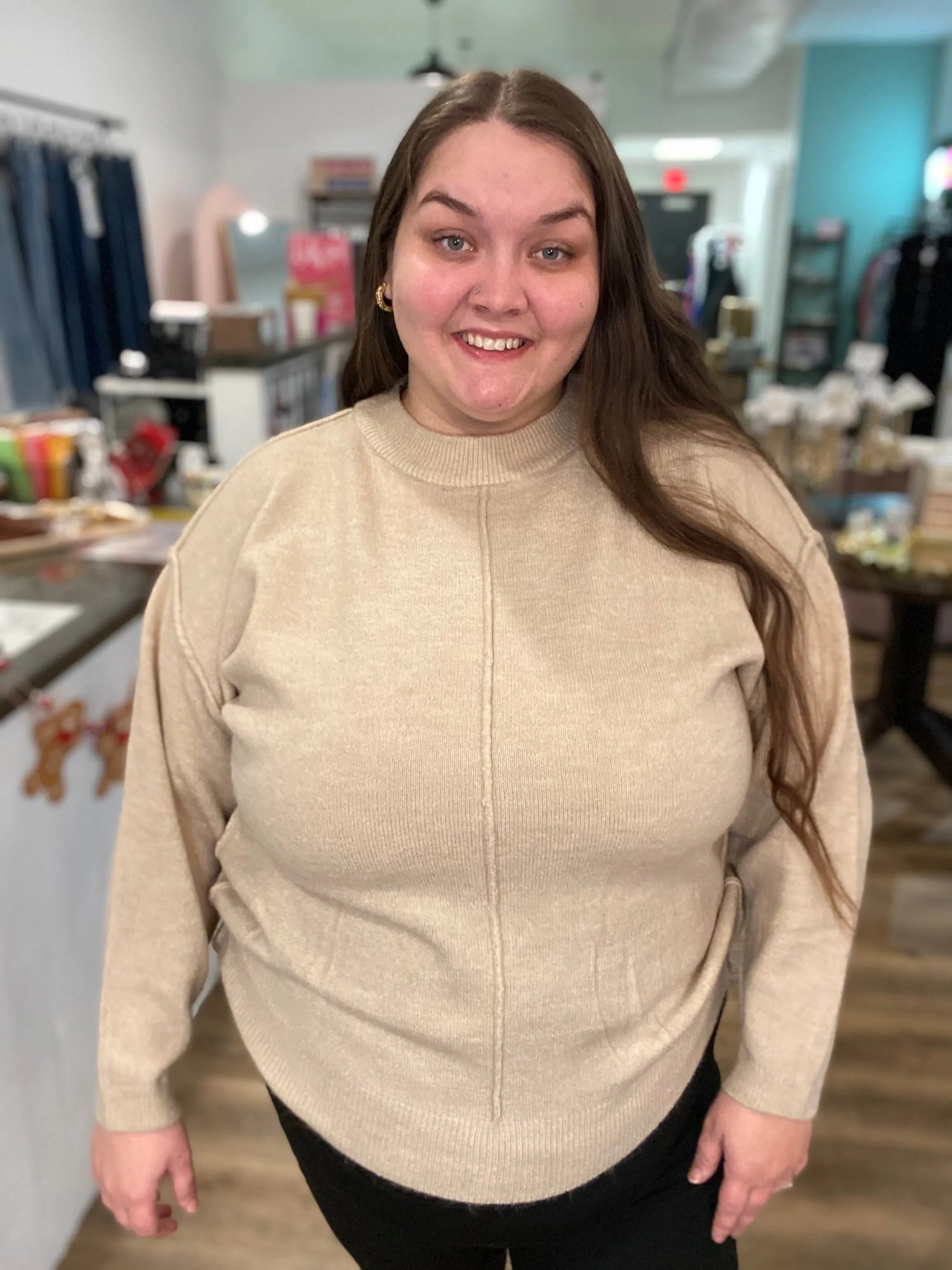 Shop Round Neck Front Seam Sweater - Heather Beige- at Ruby Joy Boutique, a Women's Clothing Store in Pickerington, Ohio
