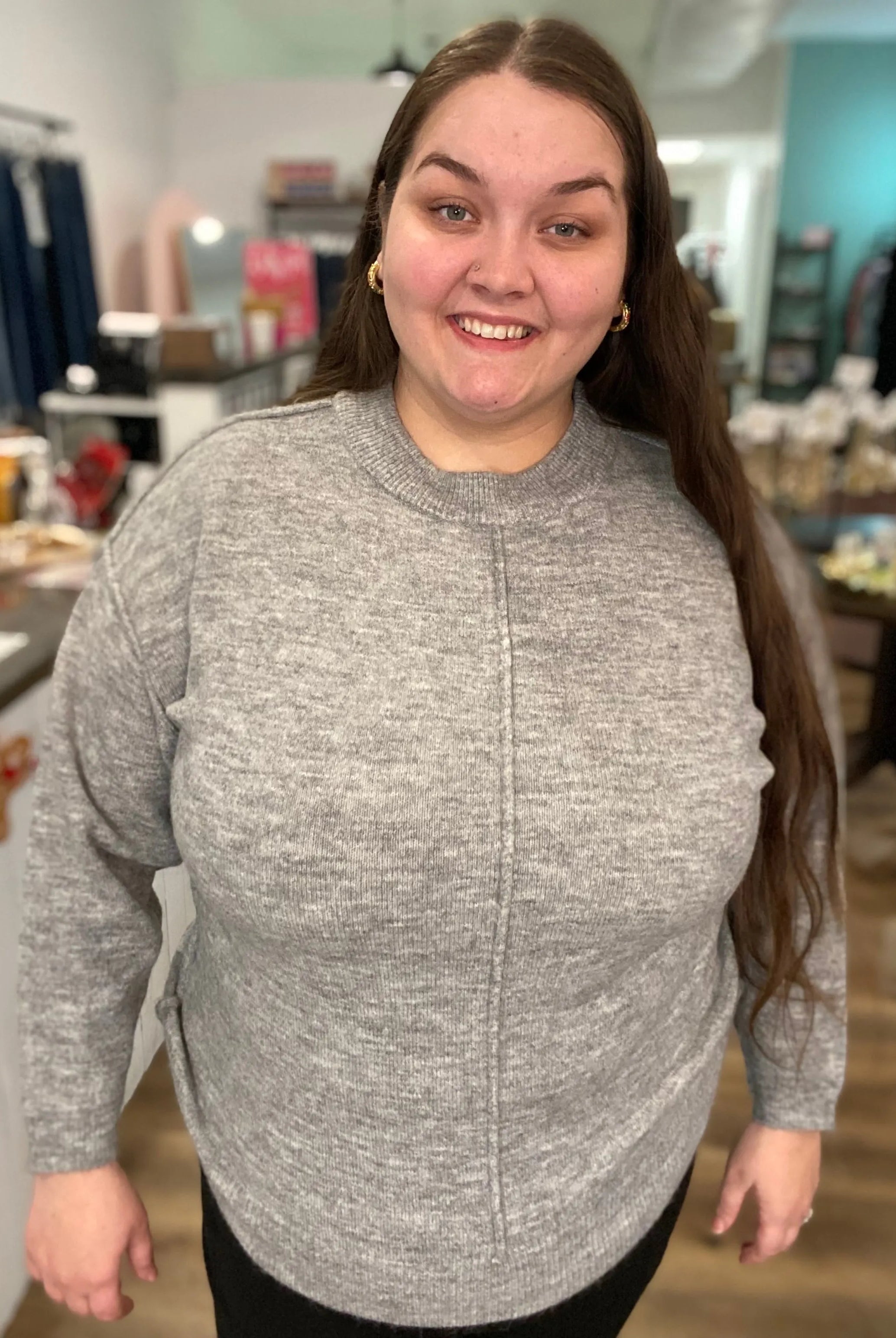 Shop Round Neck Front Seam Sweater - Heather Gray- at Ruby Joy Boutique, a Women's Clothing Store in Pickerington, Ohio