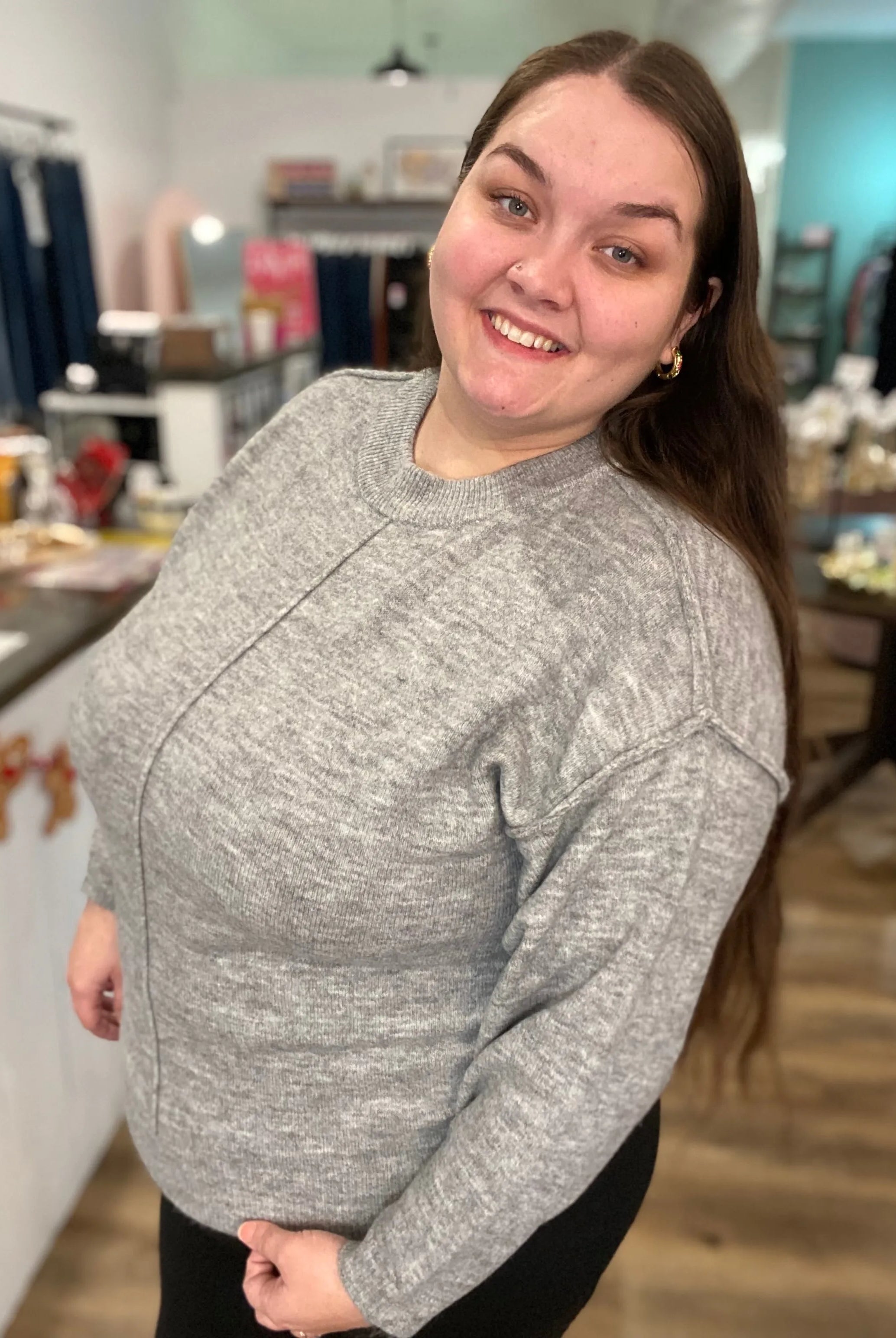 Shop Round Neck Front Seam Sweater - Heather Gray- at Ruby Joy Boutique, a Women's Clothing Store in Pickerington, Ohio