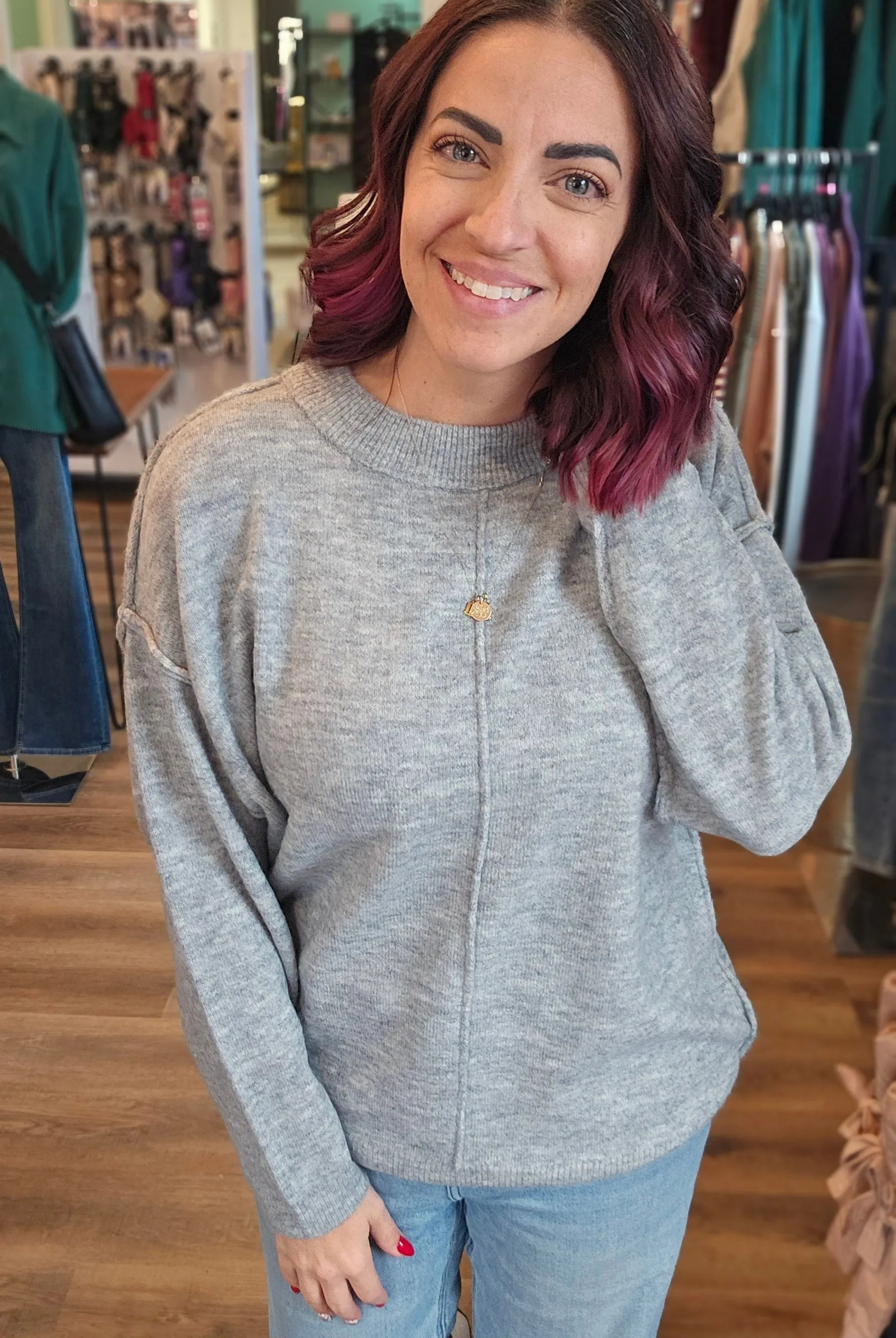 Shop Round Neck Front Seam Sweater - Heather Gray- at Ruby Joy Boutique, a Women's Clothing Store in Pickerington, Ohio