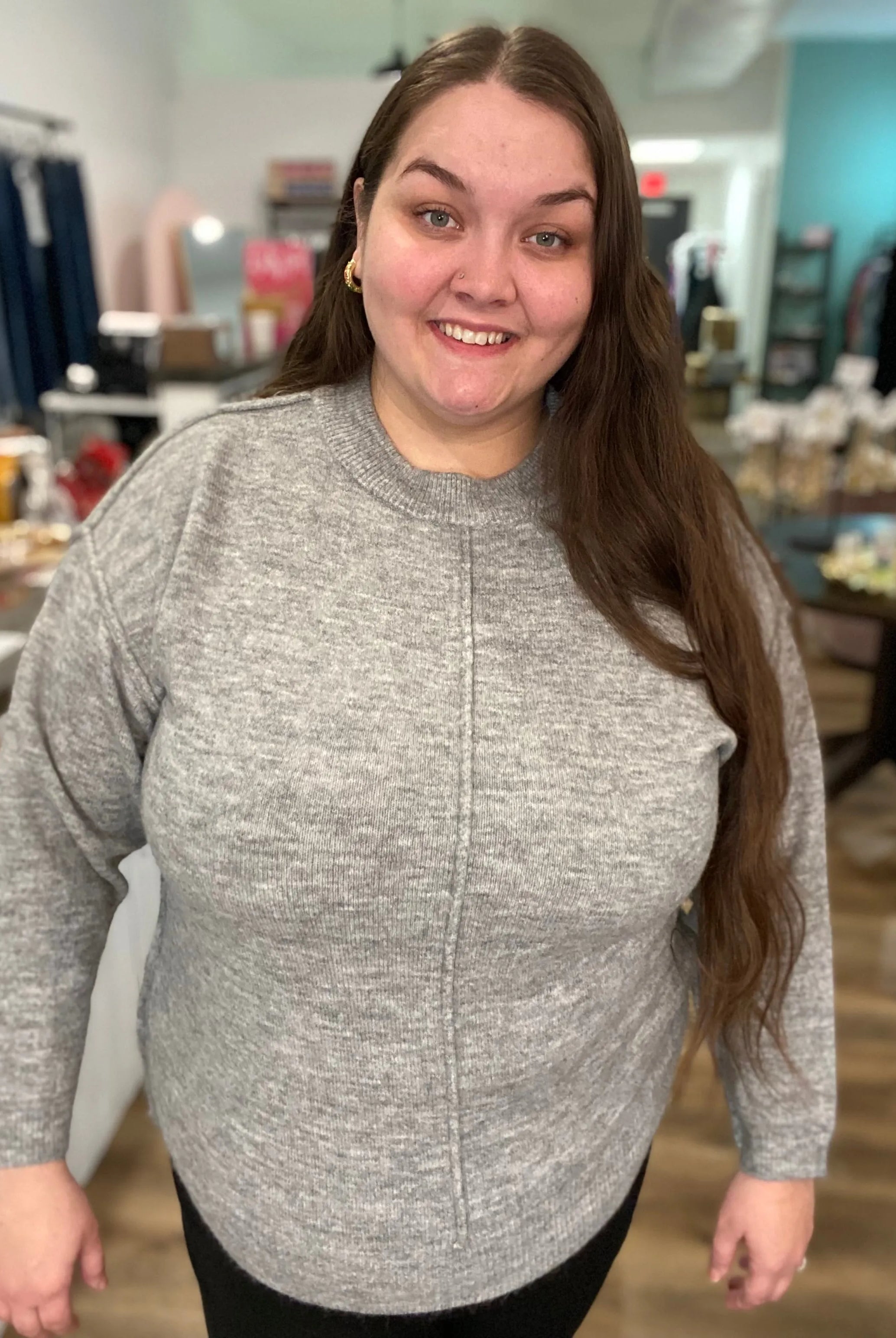 Shop Round Neck Front Seam Sweater - Heather Gray- at Ruby Joy Boutique, a Women's Clothing Store in Pickerington, Ohio