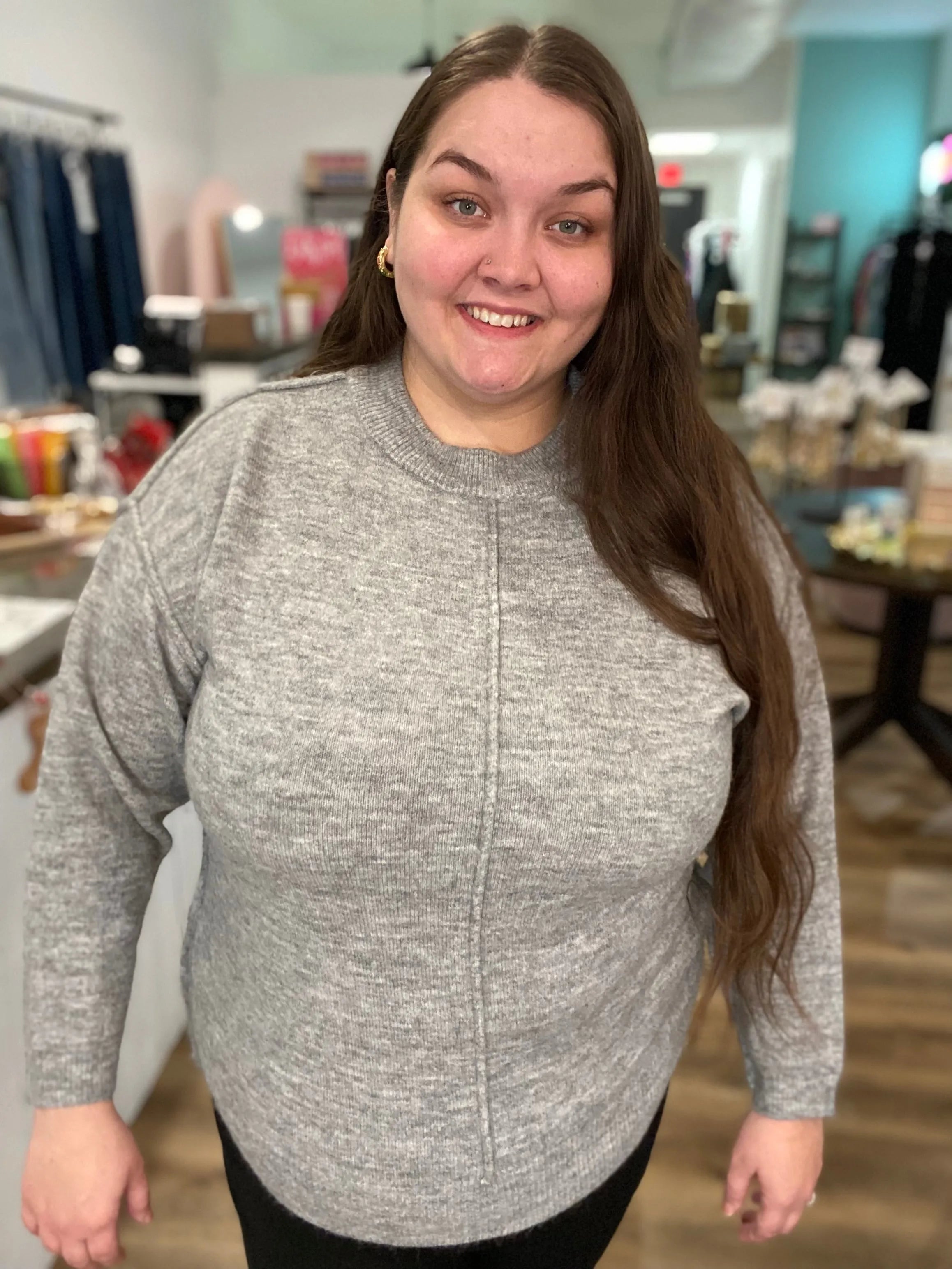 Shop Round Neck Front Seam Sweater - Heather Gray- at Ruby Joy Boutique, a Women's Clothing Store in Pickerington, Ohio