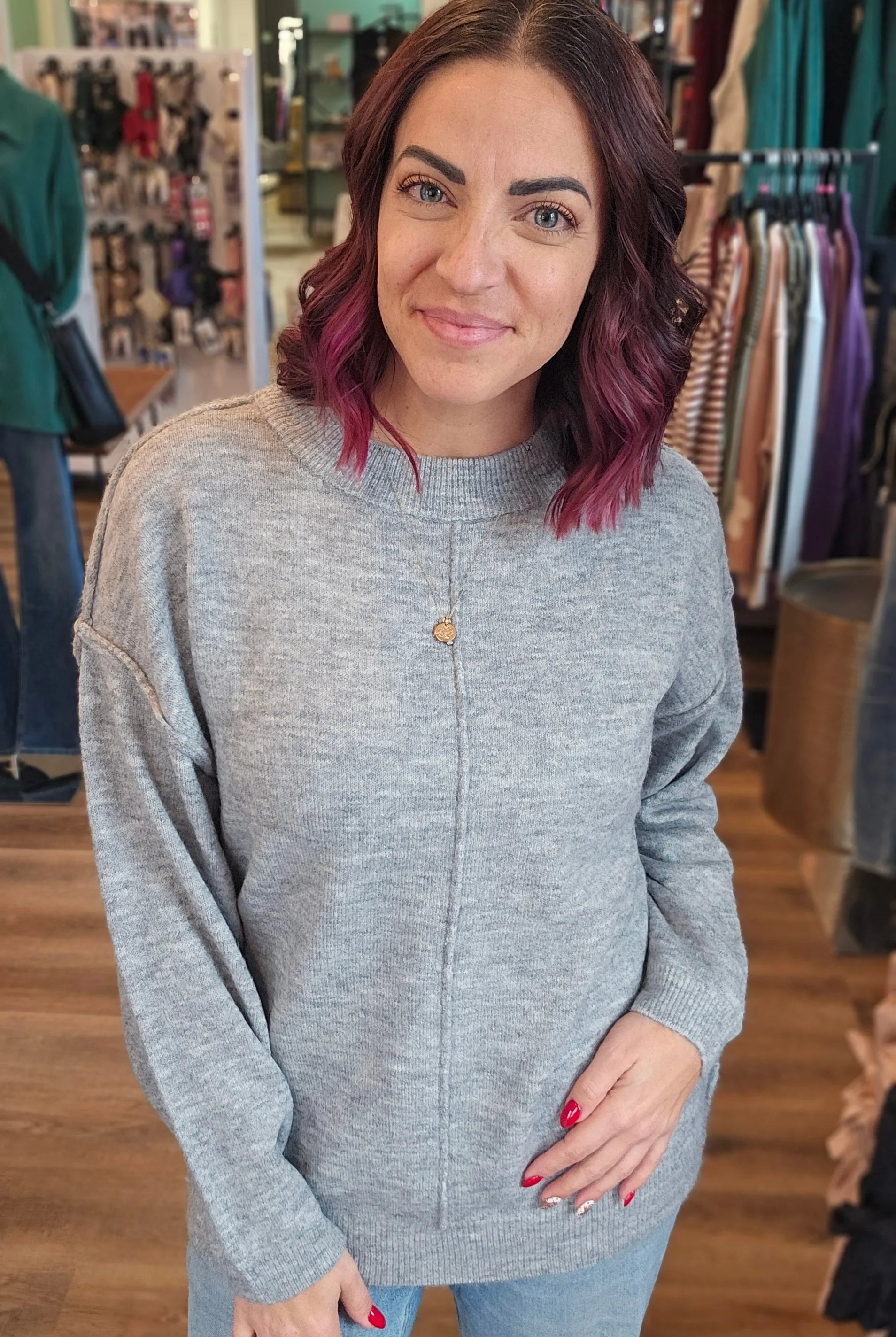 Shop Round Neck Front Seam Sweater - Heather Gray- at Ruby Joy Boutique, a Women's Clothing Store in Pickerington, Ohio