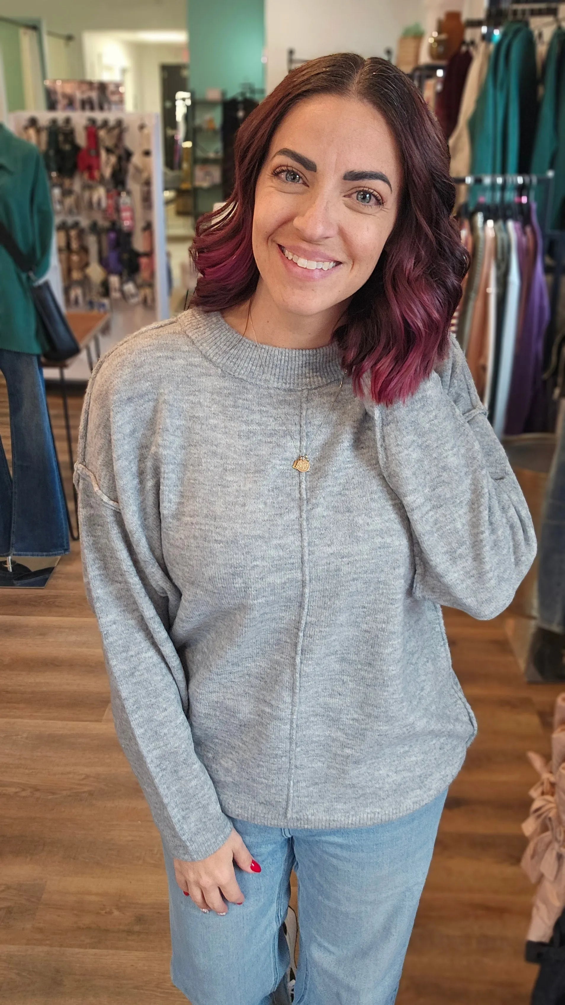Shop Round Neck Front Seam Sweater - Heather Gray- at Ruby Joy Boutique, a Women's Clothing Store in Pickerington, Ohio