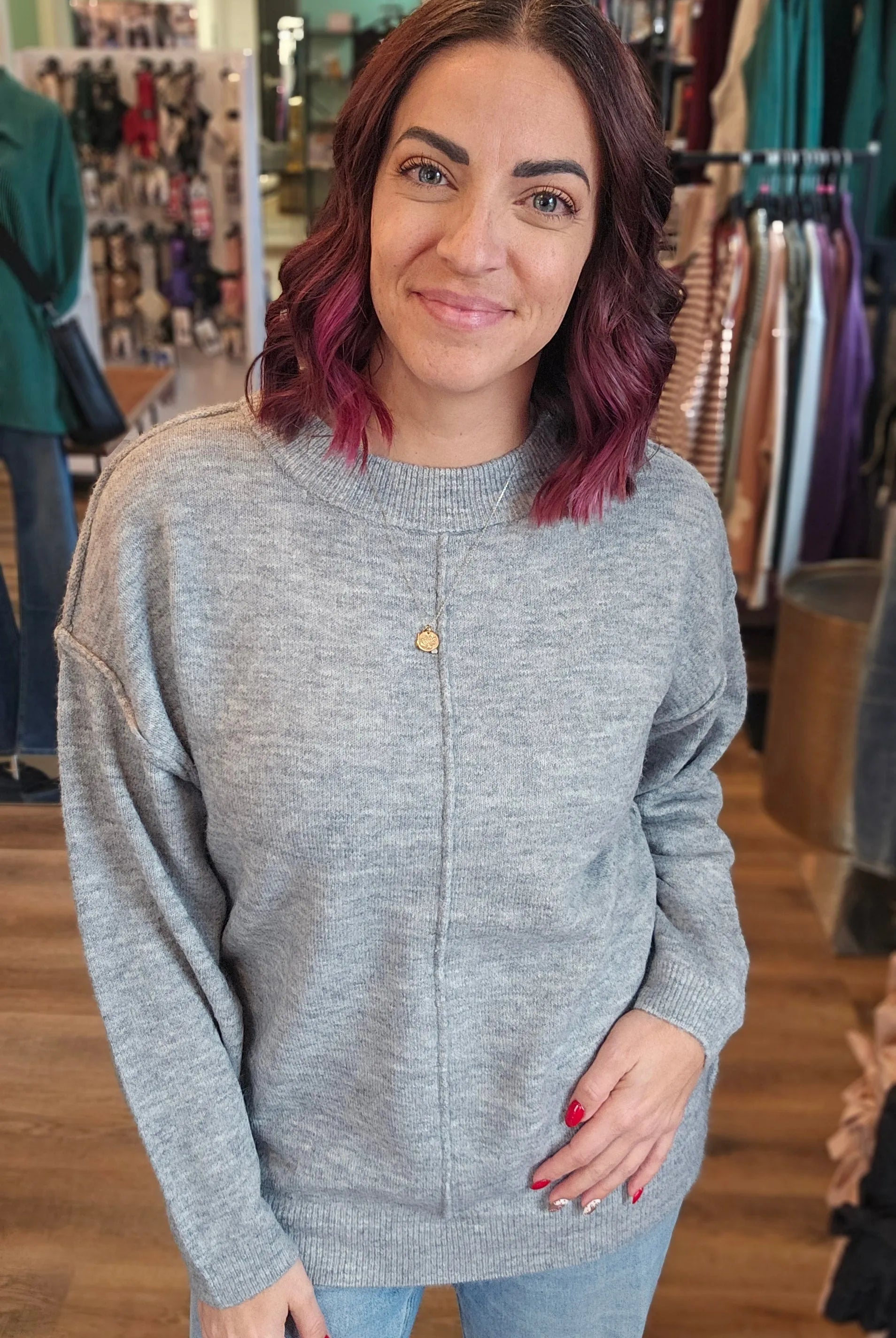 Shop Round Neck Front Seam Sweater - Heather Gray- at Ruby Joy Boutique, a Women's Clothing Store in Pickerington, Ohio