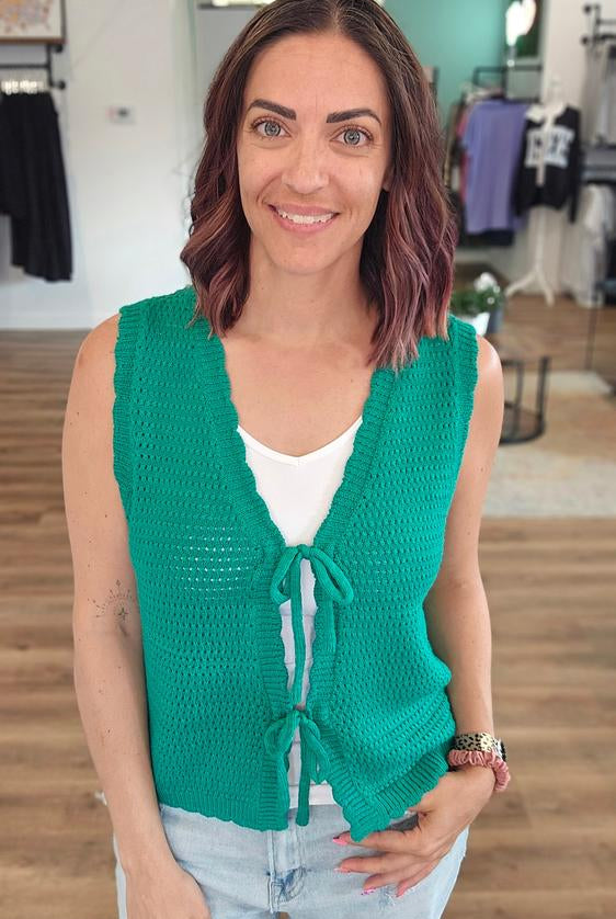 Shop Scalloped Double Tie Knit Vest - Green- at Ruby Joy Boutique, a Women's Clothing Store in Pickerington, Ohio