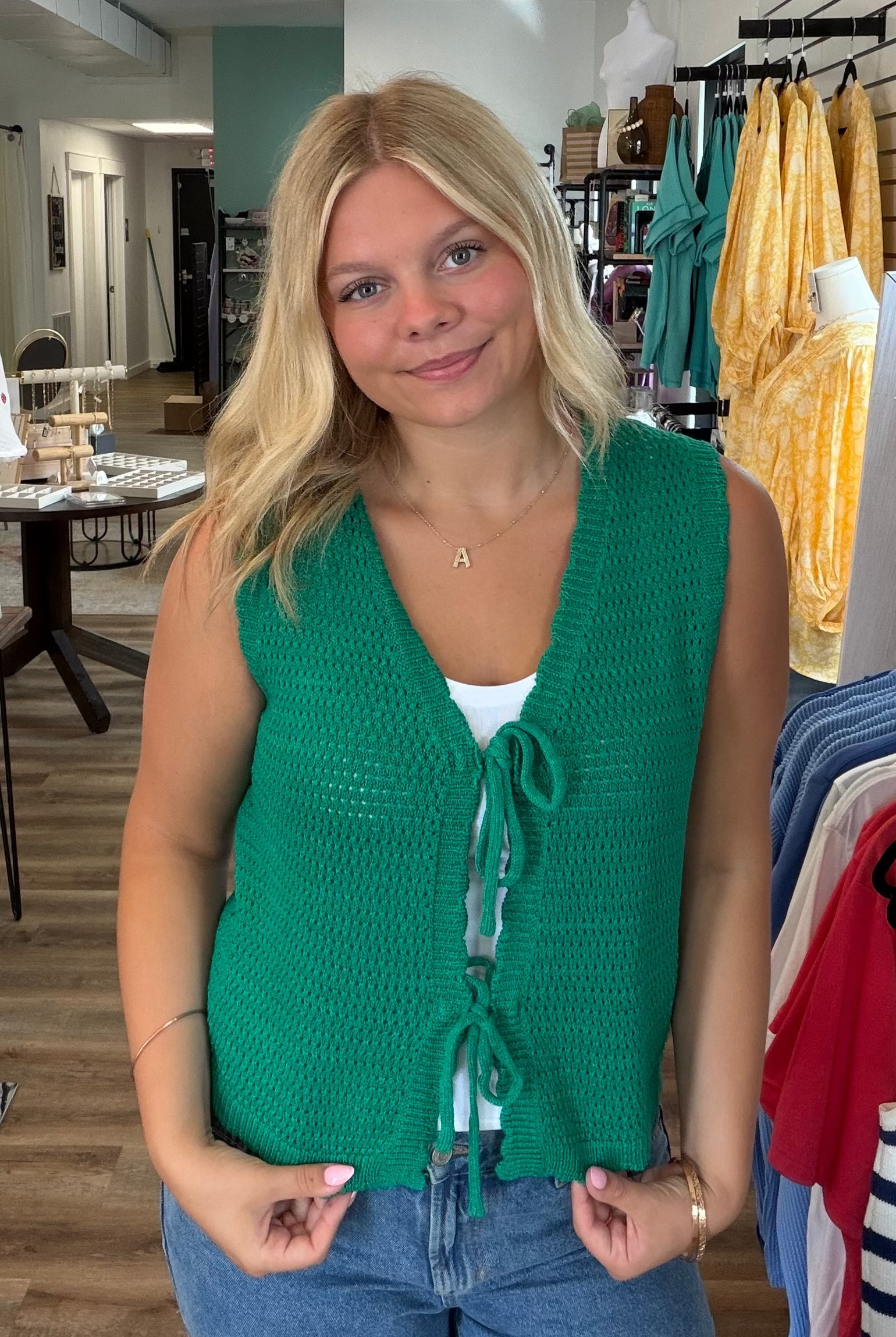 Shop Scalloped Double Tie Knit Vest - Green- at Ruby Joy Boutique, a Women's Clothing Store in Pickerington, Ohio