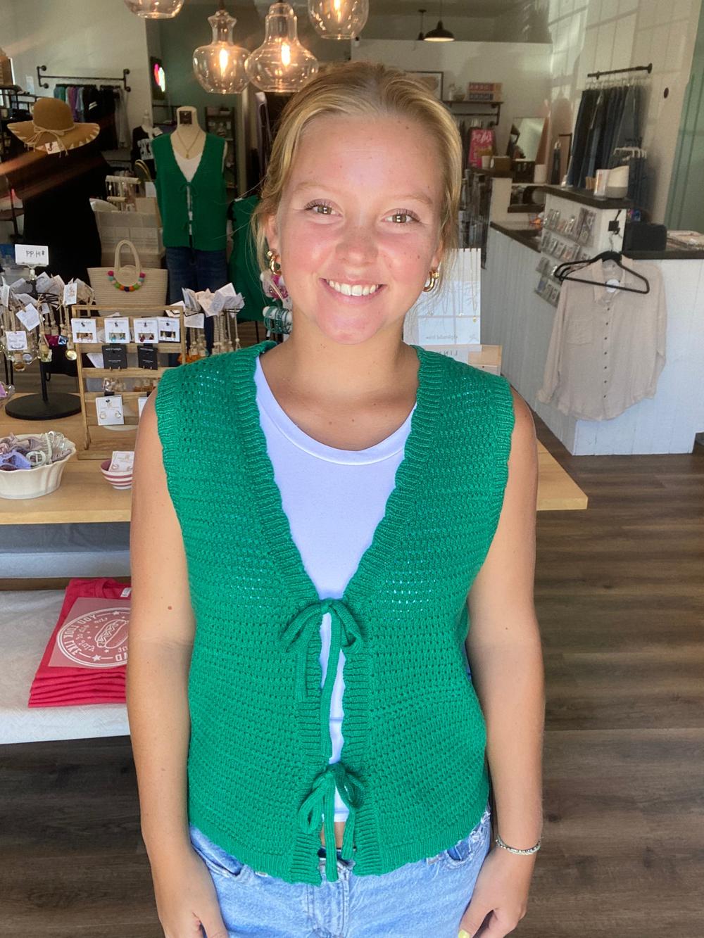 Shop Scalloped Double Tie Knit Vest - Green- at Ruby Joy Boutique, a Women's Clothing Store in Pickerington, Ohio