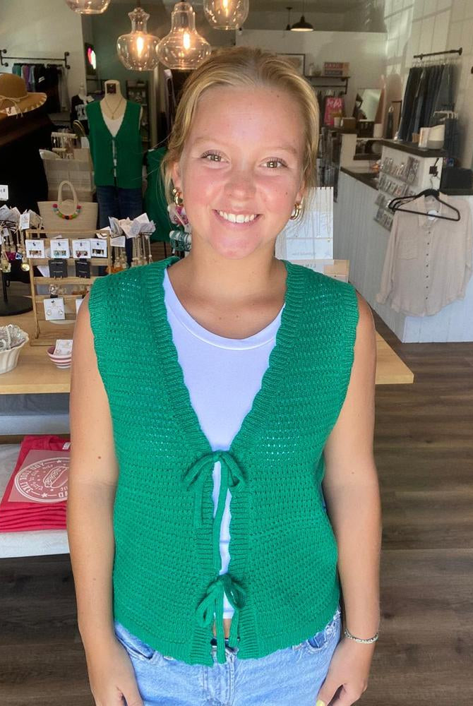 Shop Scalloped Double Tie Knit Vest - Green- at Ruby Joy Boutique, a Women's Clothing Store in Pickerington, Ohio