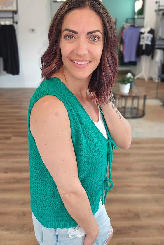 Shop Scalloped Double Tie Knit Vest - Green- at Ruby Joy Boutique, a Women's Clothing Store in Pickerington, Ohio