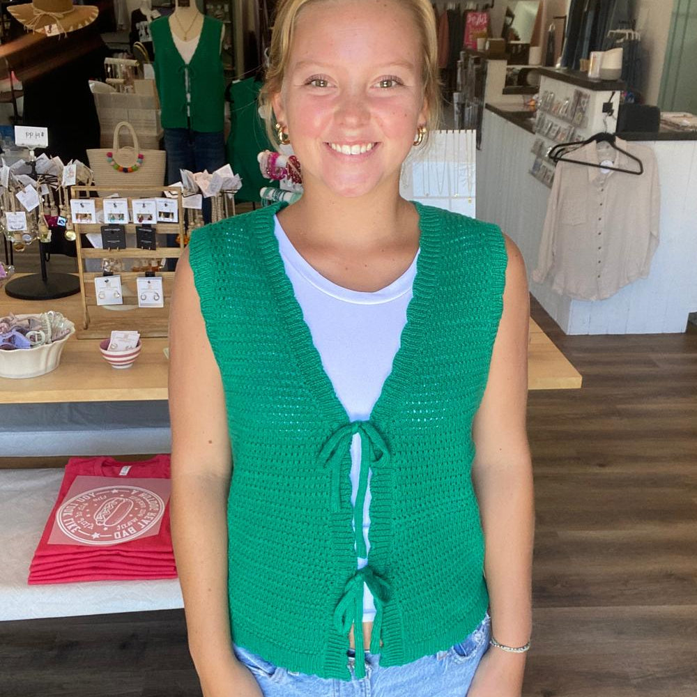 Shop Scalloped Double Tie Knit Vest - Green- at Ruby Joy Boutique, a Women's Clothing Store in Pickerington, Ohio