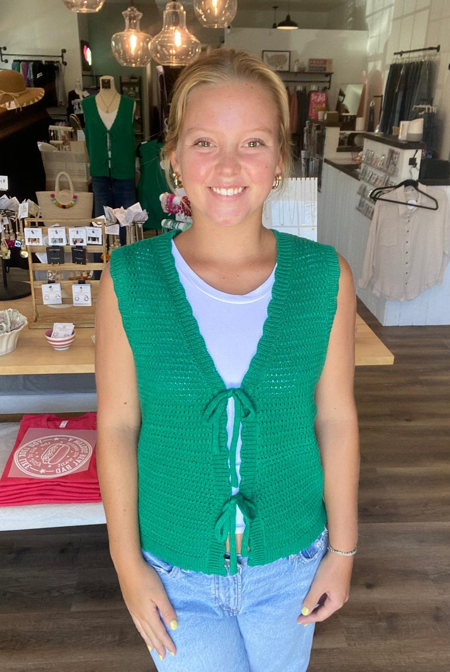 Shop Scalloped Double Tie Knit Vest - Green- at Ruby Joy Boutique, a Women's Clothing Store in Pickerington, Ohio
