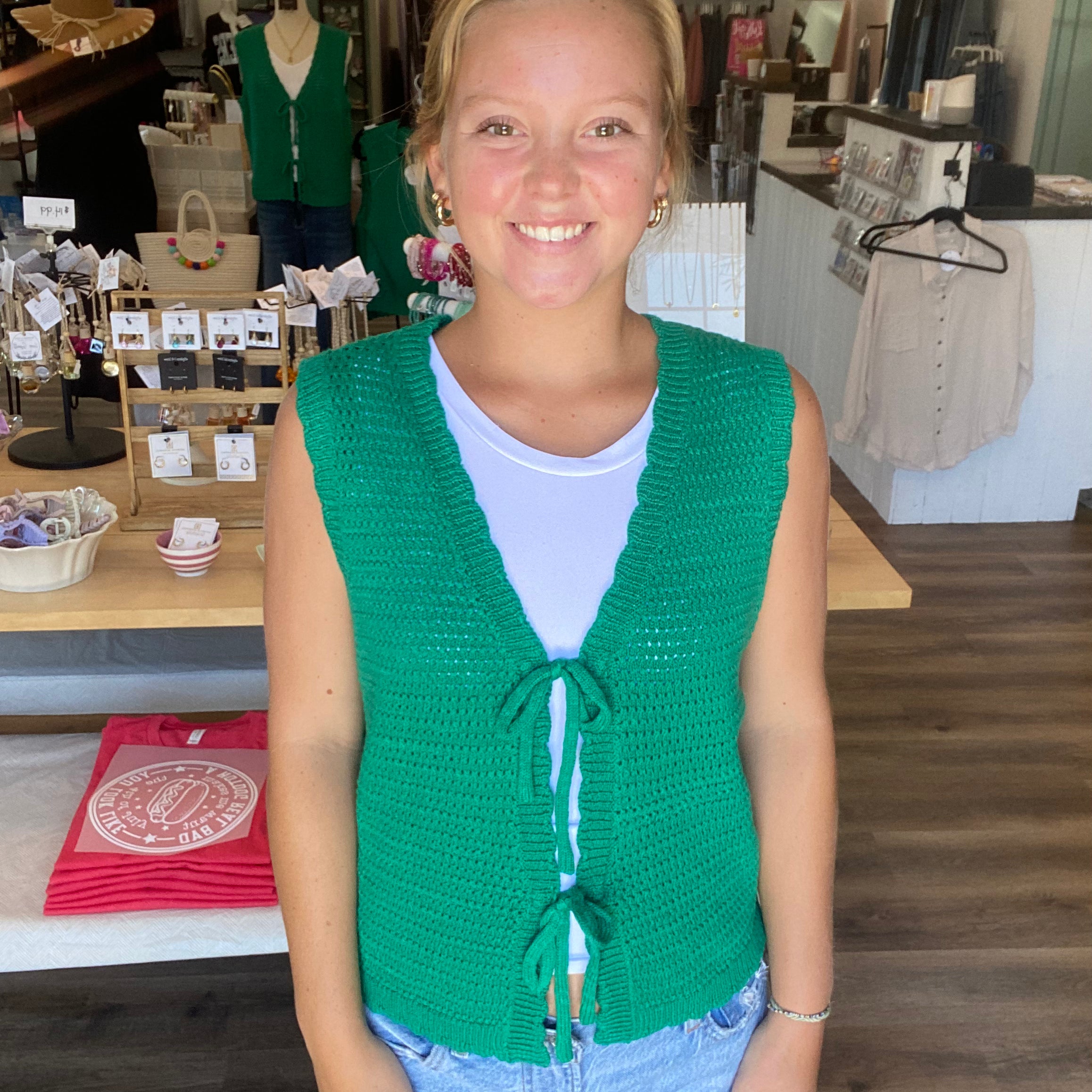 Shop Scalloped Double Tie Knit Vest - Green- at Ruby Joy Boutique, a Women's Clothing Store in Pickerington, Ohio